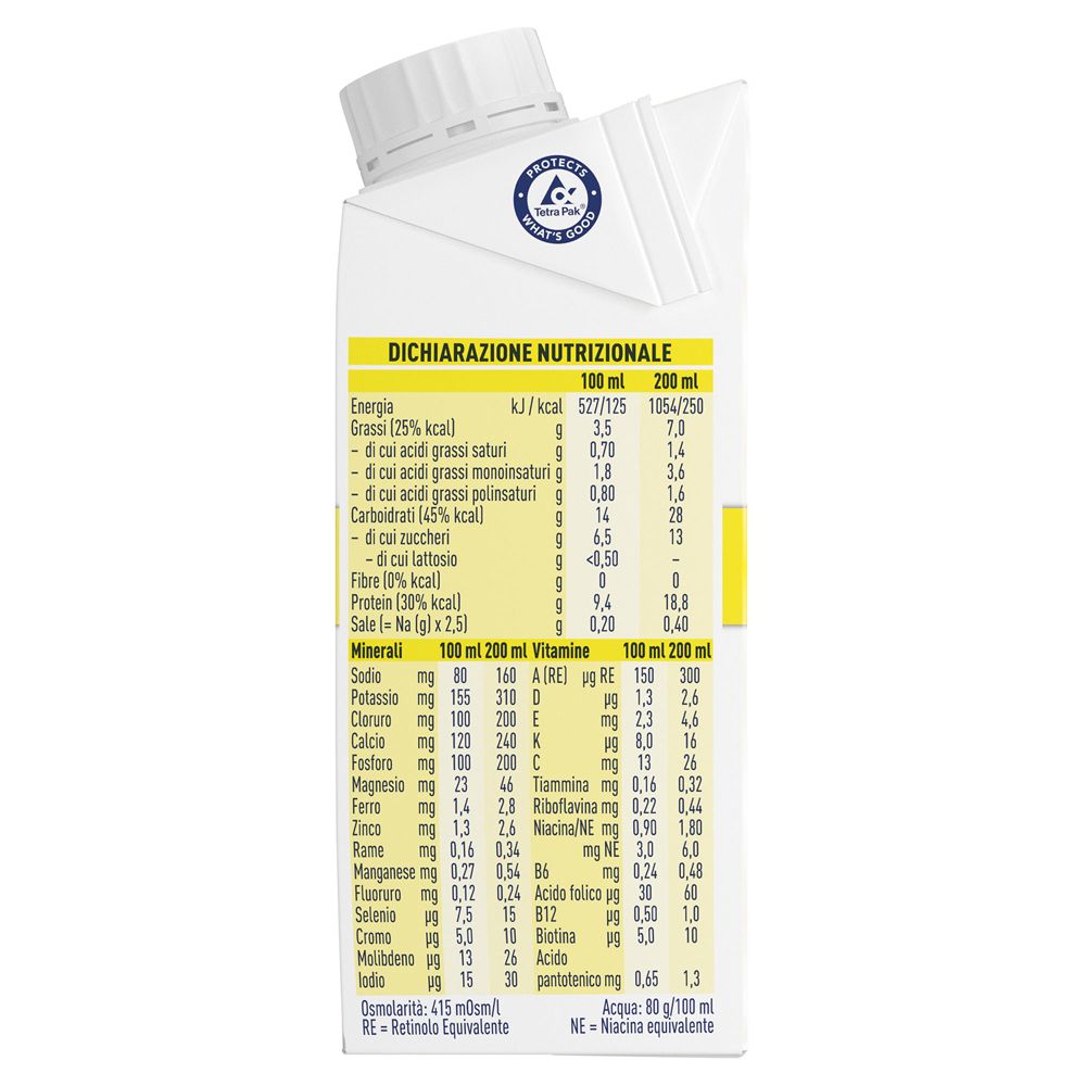 Retro della confezione Meritene Clinical Drink. Contiene informazioni nutrizionali e tabella dei minerali.