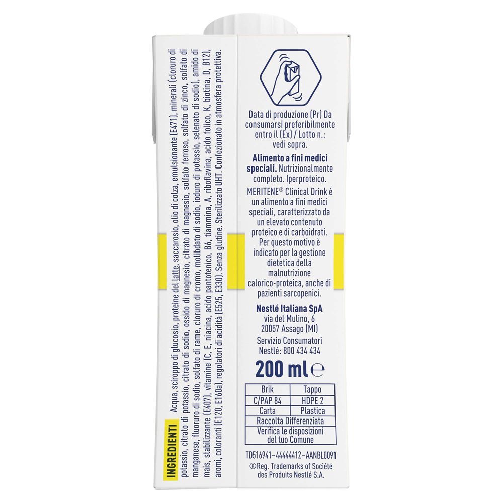 Retro della confezione Meritene Clinical Drink. Contiene l'elenco degli ingredienti e le informazioni del produttore.