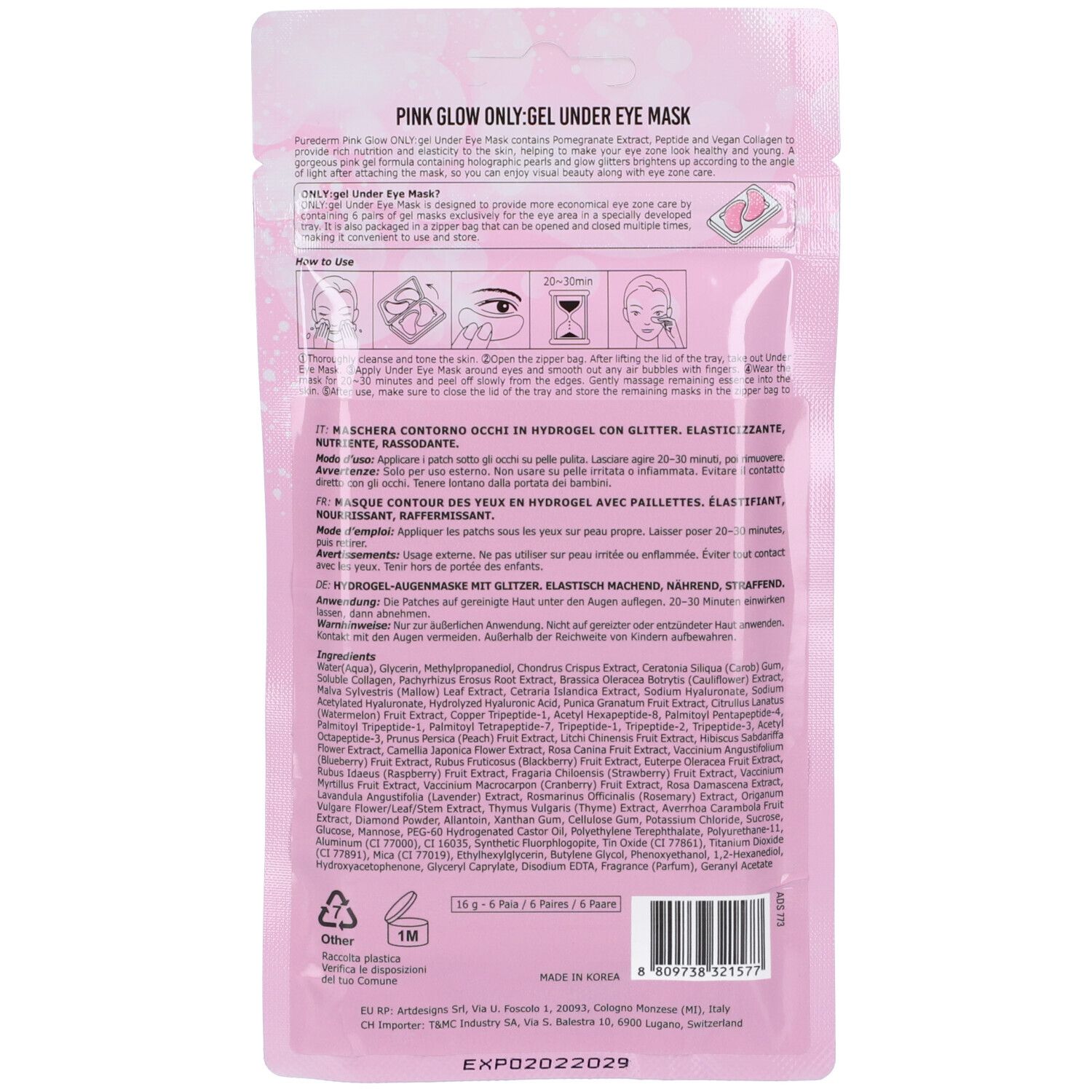Retro della Purederm Pink Glow Only: Gel Under Eye Mask. Contiene 6 paia. Patch idrogel rosa.