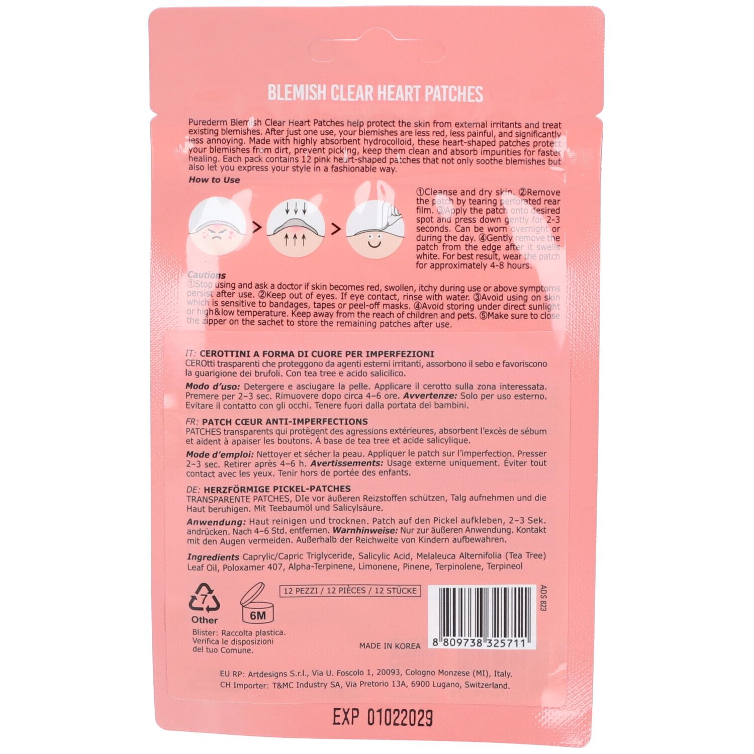 Retro della confezione per Purederm Blemish Clear Heart Patches. Include istruzioni per l'uso e ingredienti.