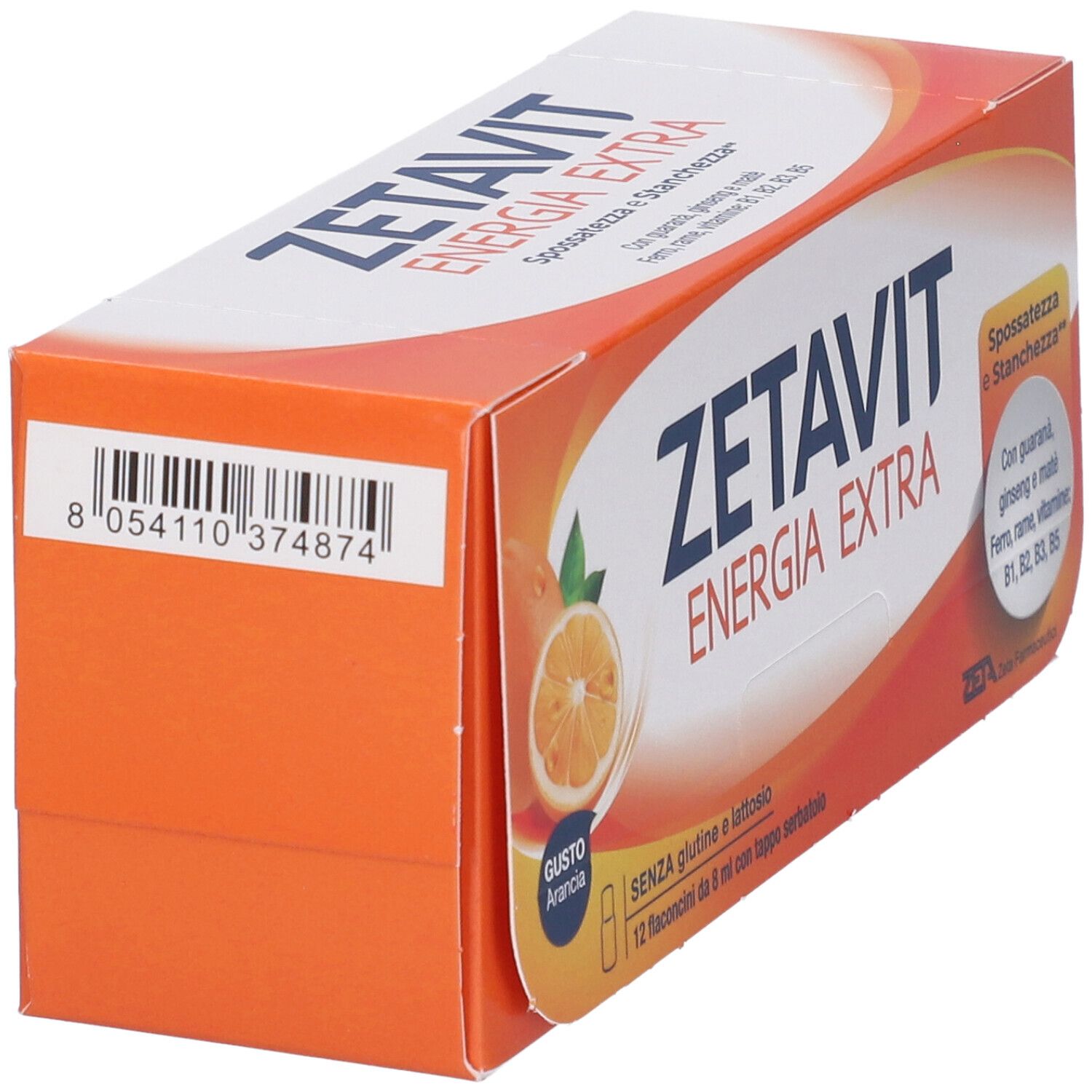 Scatola arancione Zetavit Energia Extra. Codice a barre, testo, lati arancioni.
