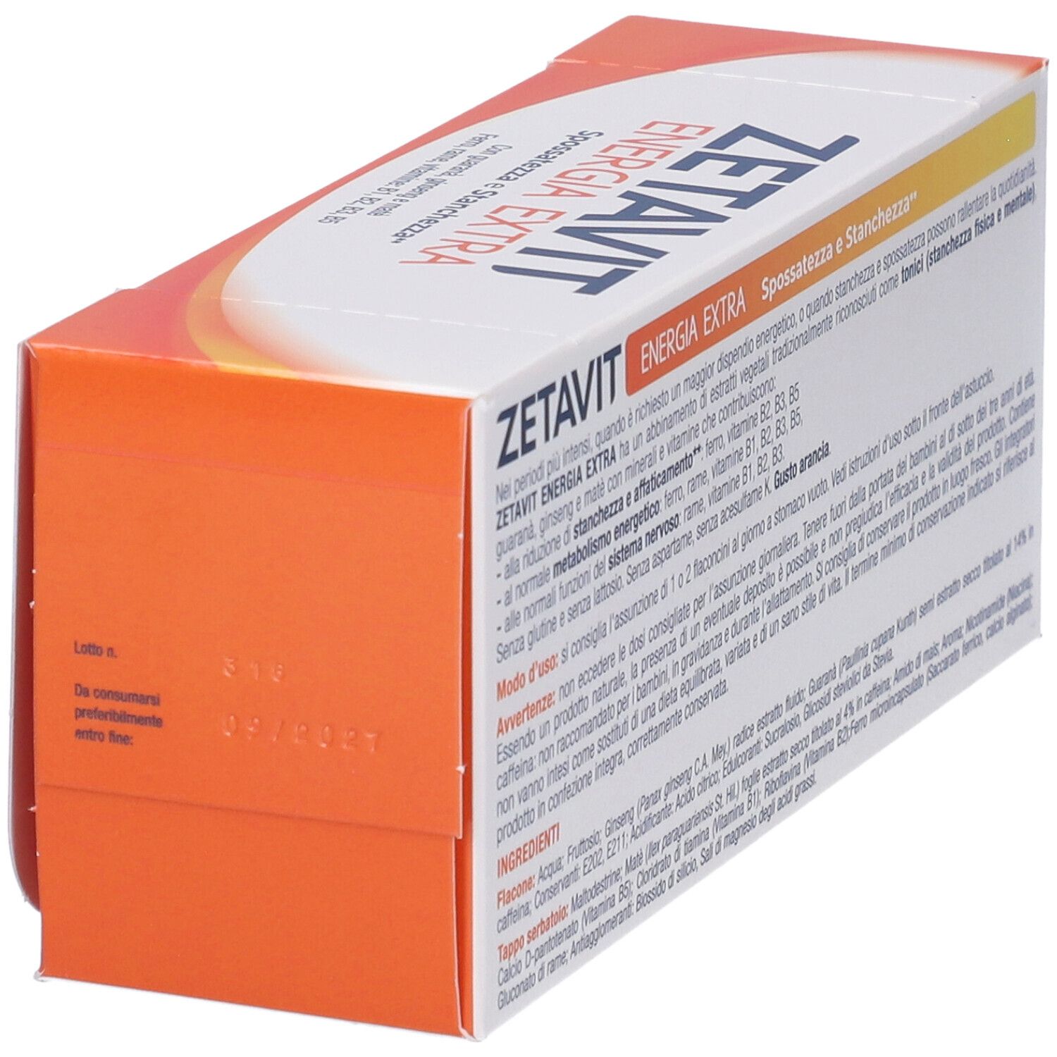 Lato scatola arancione Zetavit Energia Extra. Testo, data di scadenza.