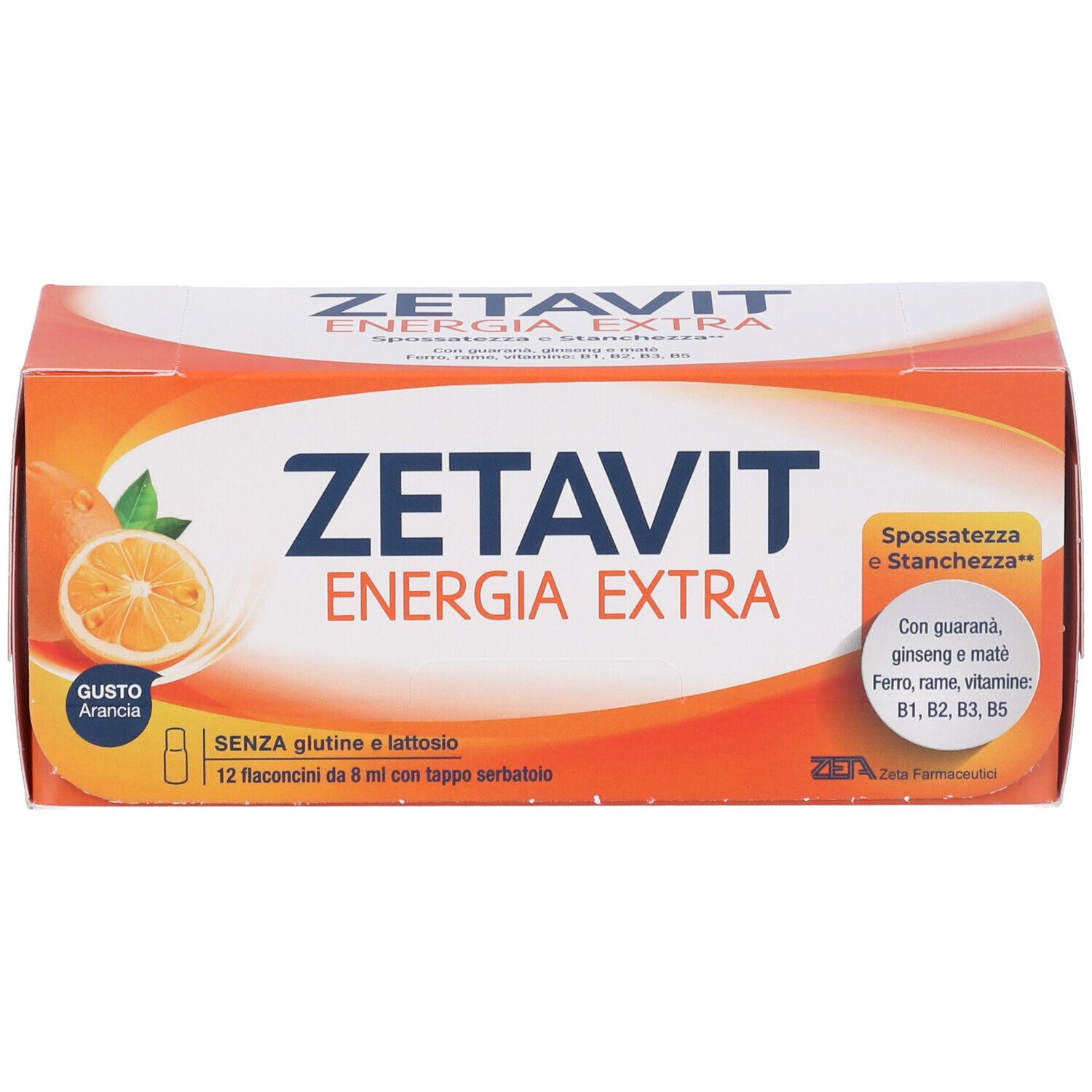 Scatola arancione Zetavit Energia Extra. Arancia, testo, 12 flaconcini, senza glutine e lattosio.