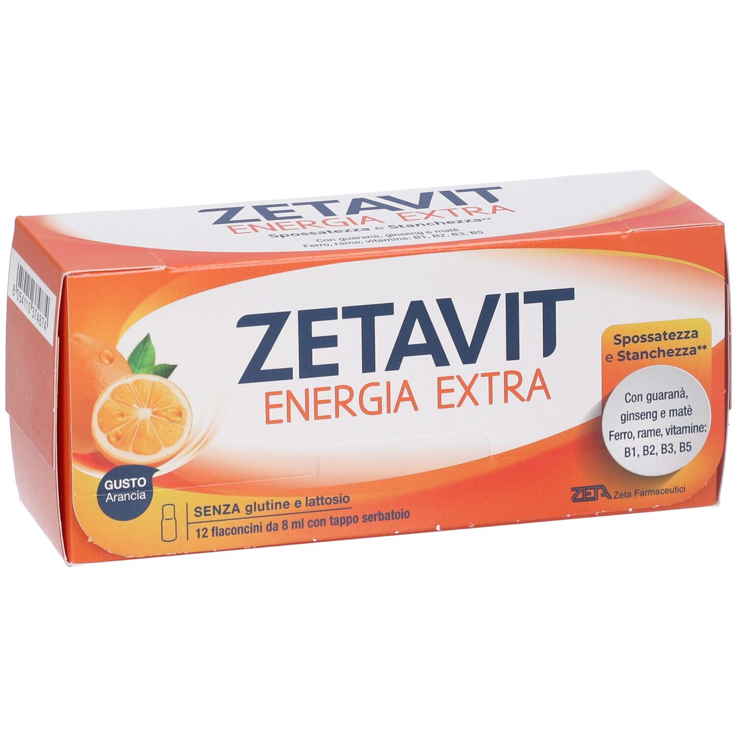 Scatola arancione Zetavit Energia Extra. Arancia, testo, 12 flaconcini, senza glutine e lattosio.