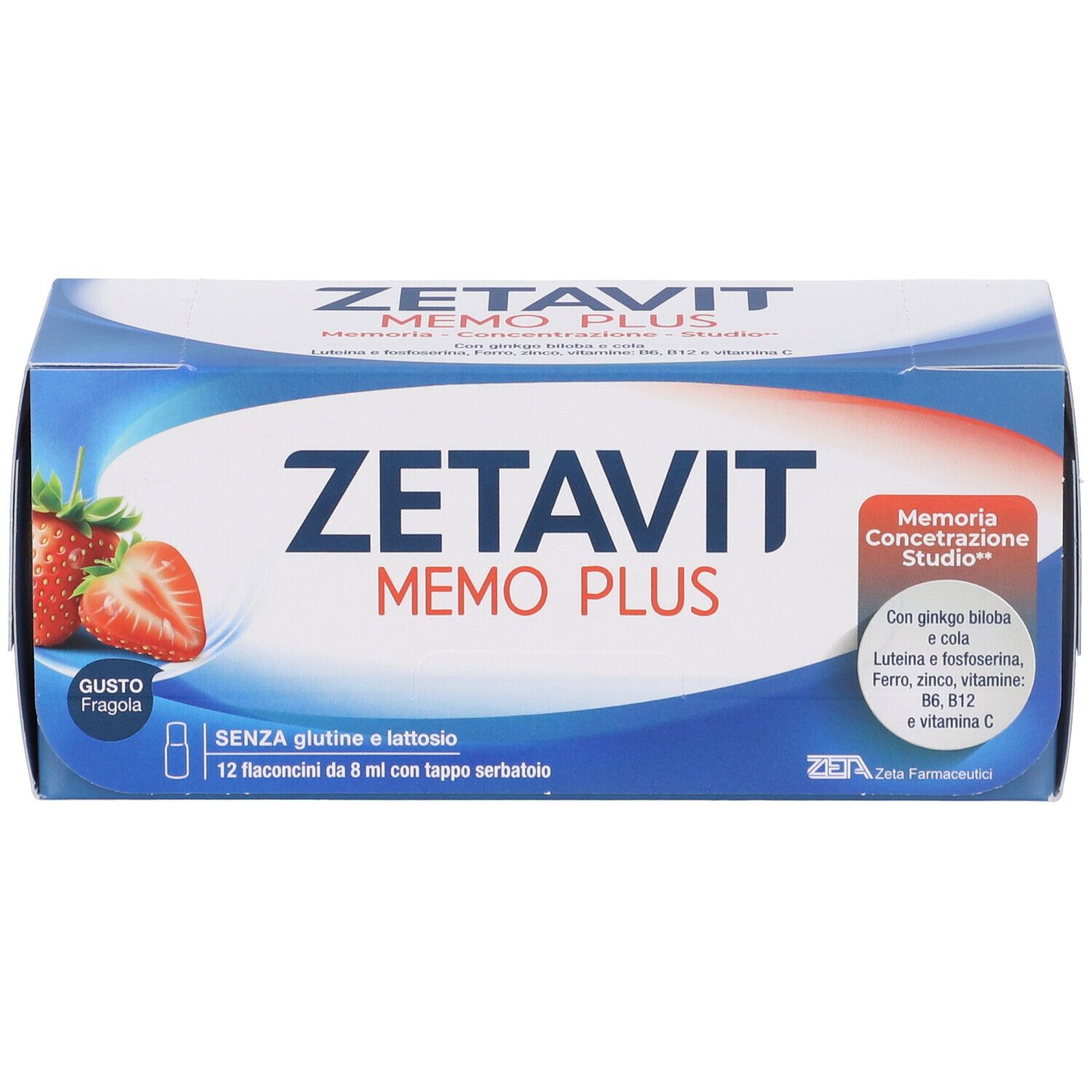 Confezione Zetavit Memo Plus. Scatola blu con nome prodotto e fragole. Contiene 12 flaconcini.