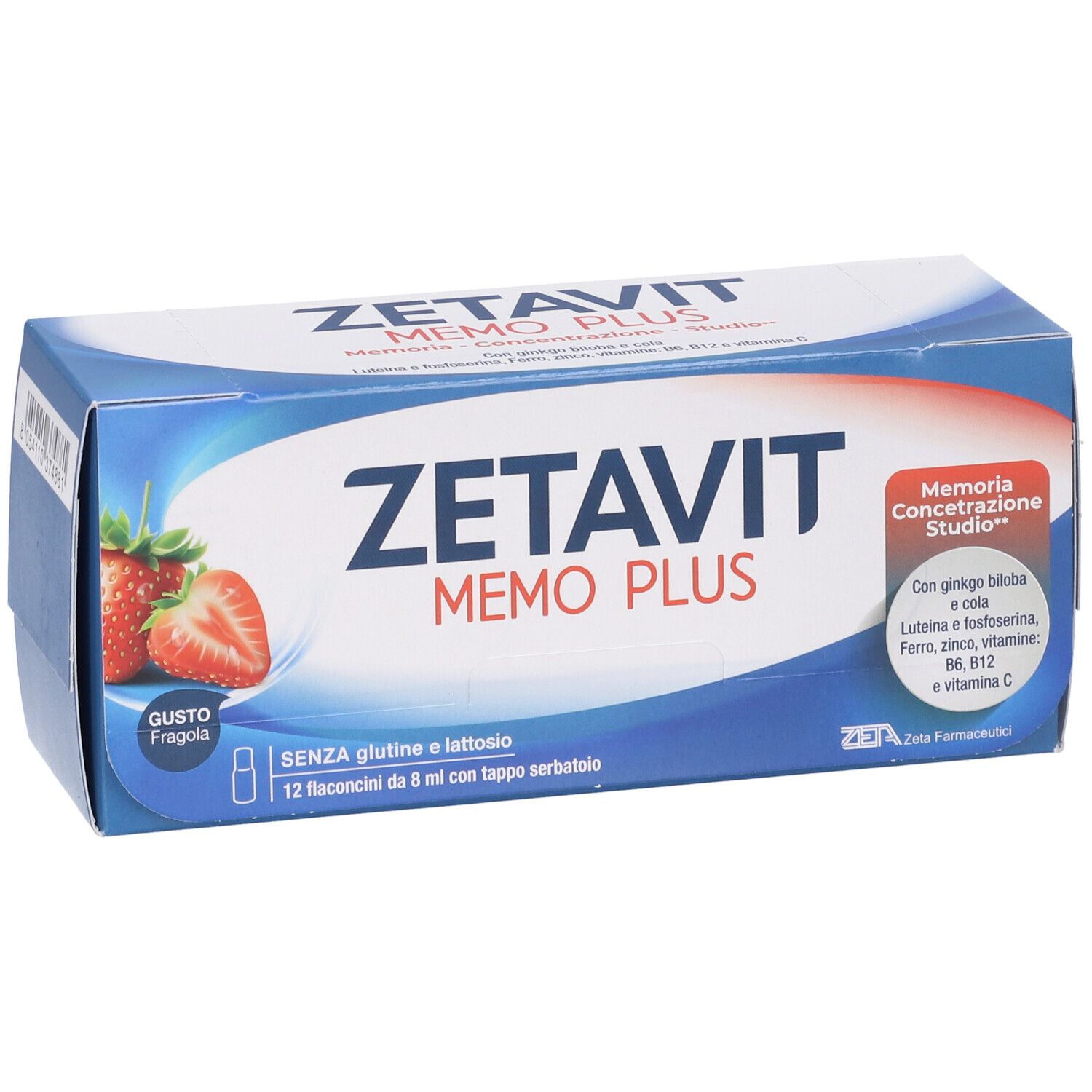 Confezione Zetavit Memo Plus. Scatola blu con nome prodotto e fragole. Contiene 12 flaconcini.