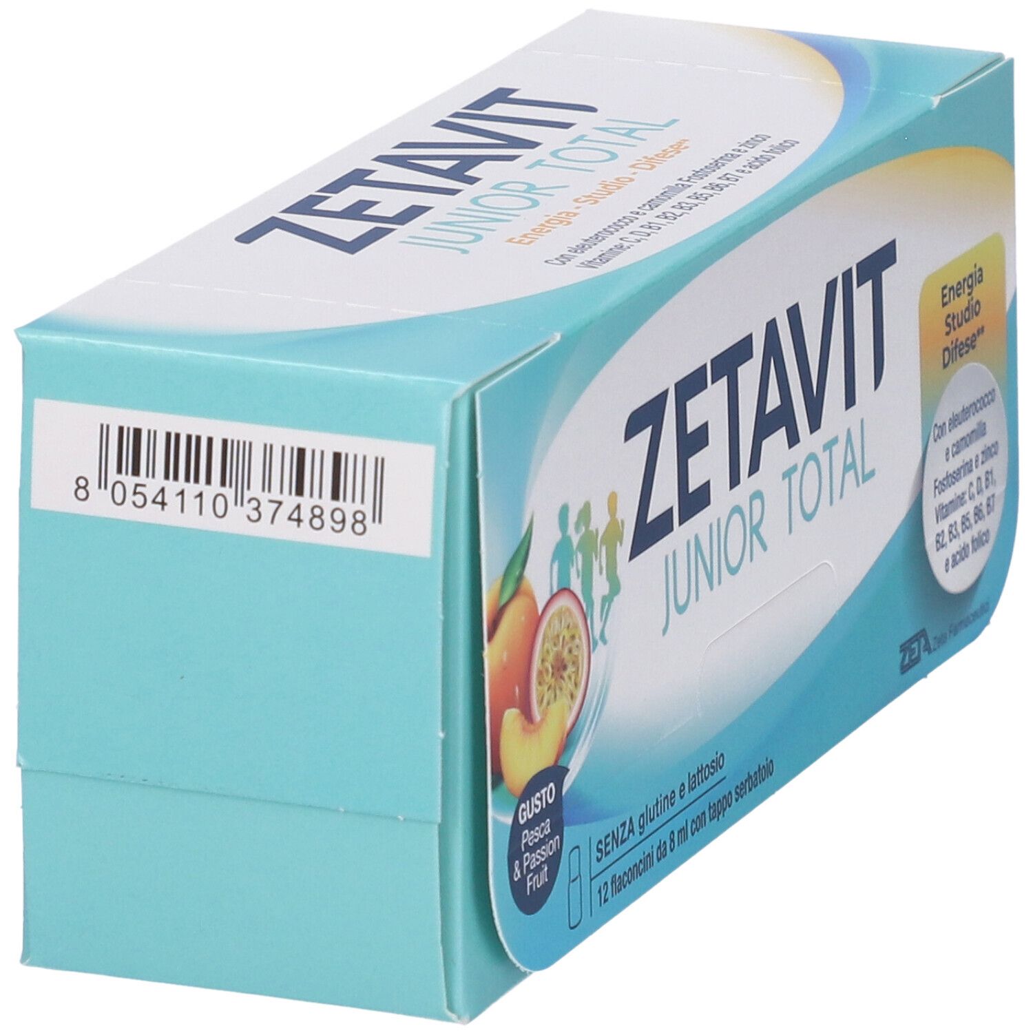 Confezione Zetavit Junior Total, angolata. Stampa con codice a barre e nome del prodotto. Senza glutine e lattosio.