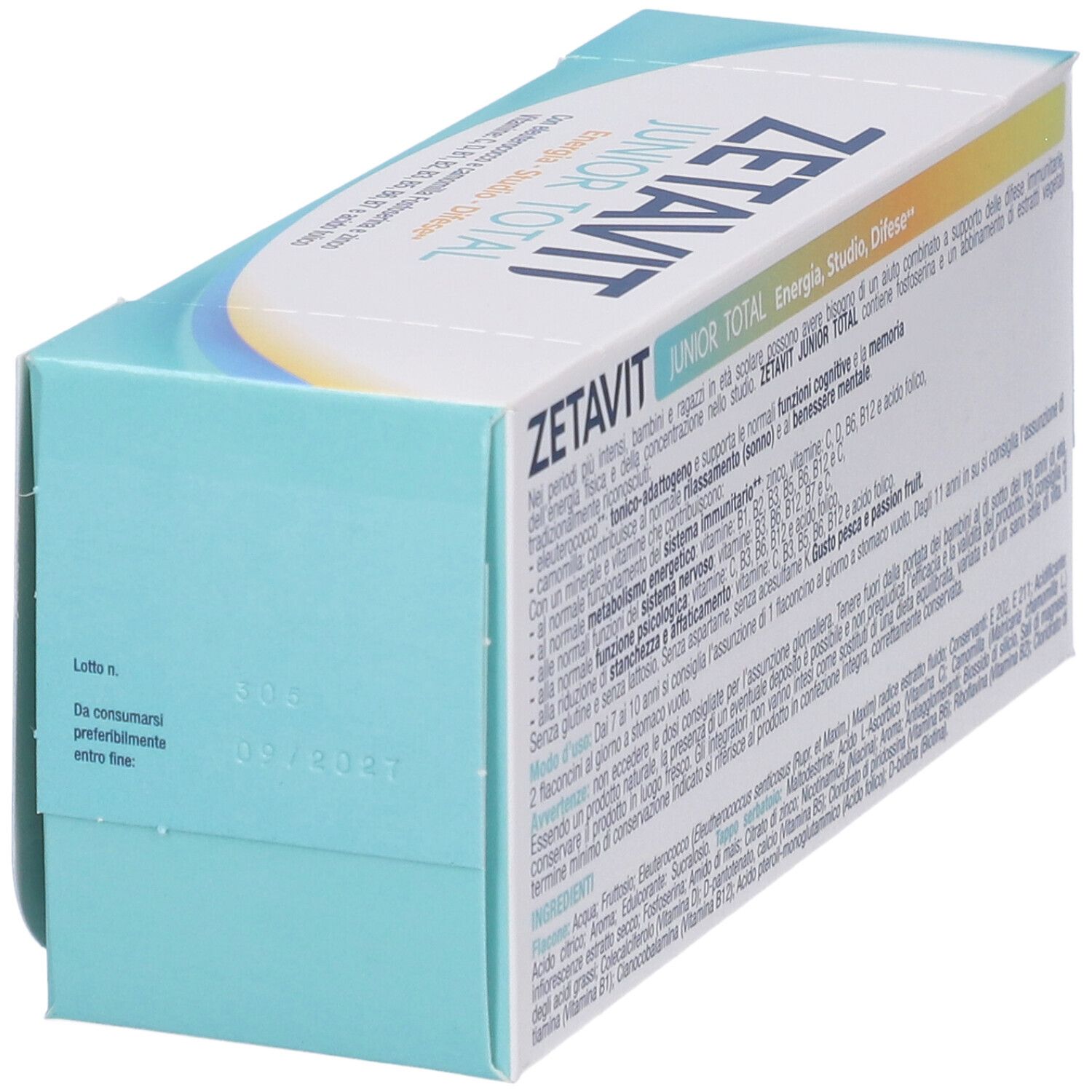 Confezione Zetavit Junior Total, angolata. Stampa con data di scadenza. Senza glutine e lattosio.
