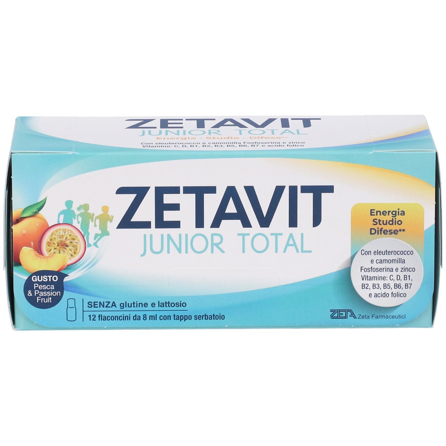 Confezione Zetavit Junior Total. Contiene 12 flaconcini. Gusto pesca e frutto della passione. Senza glutine e lattosio.