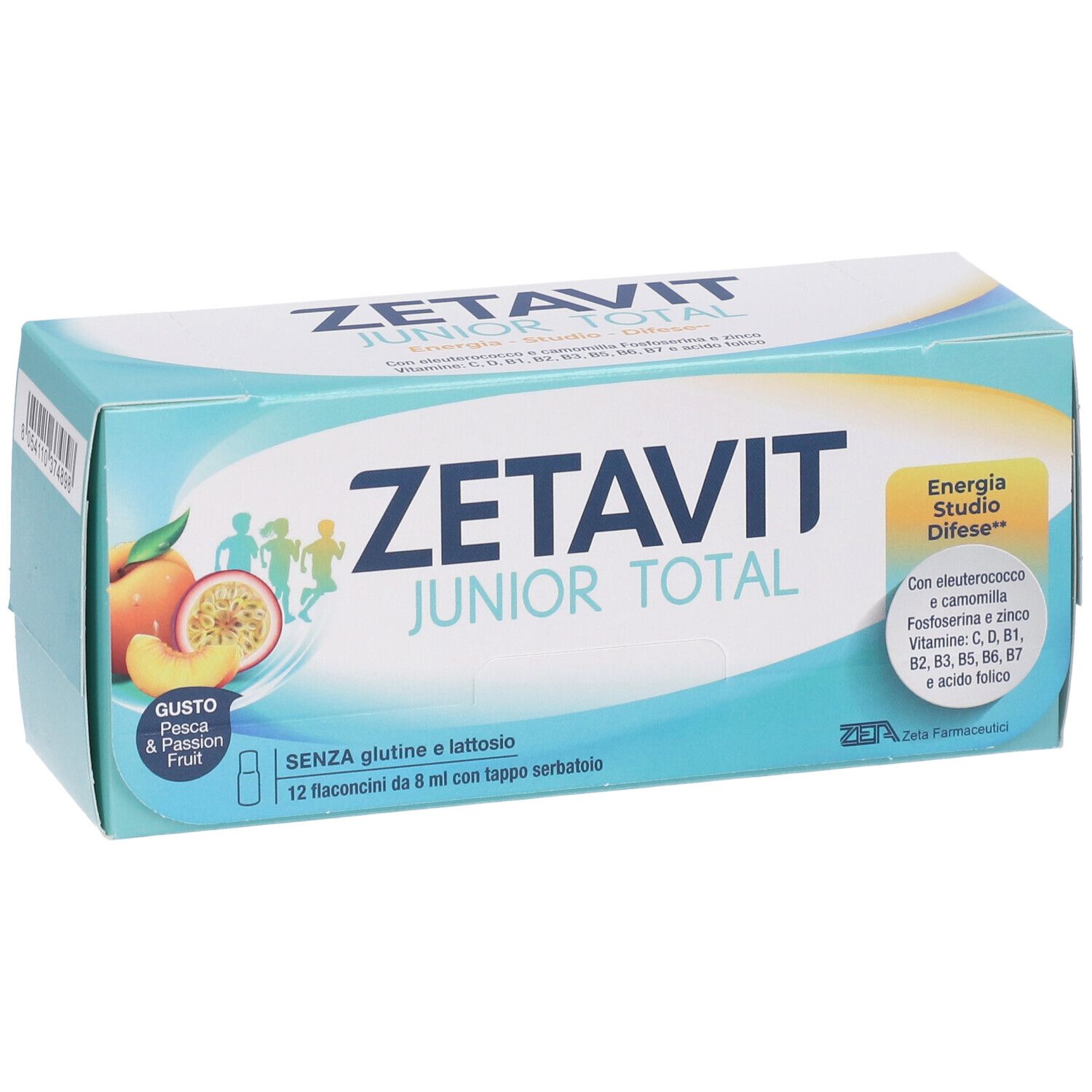 Confezione Zetavit Junior Total. Contiene 12 flaconcini. Gusto pesca e frutto della passione. Senza glutine e lattosio.