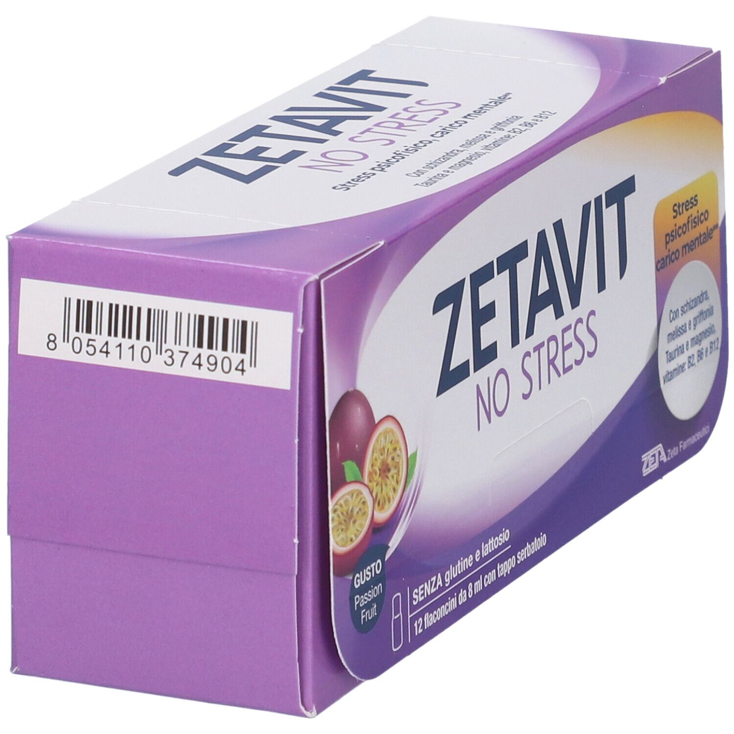 Scatola Zetavit No Stress. Viola e bianca, codice a barre. Nome del prodotto e frutto della passione.