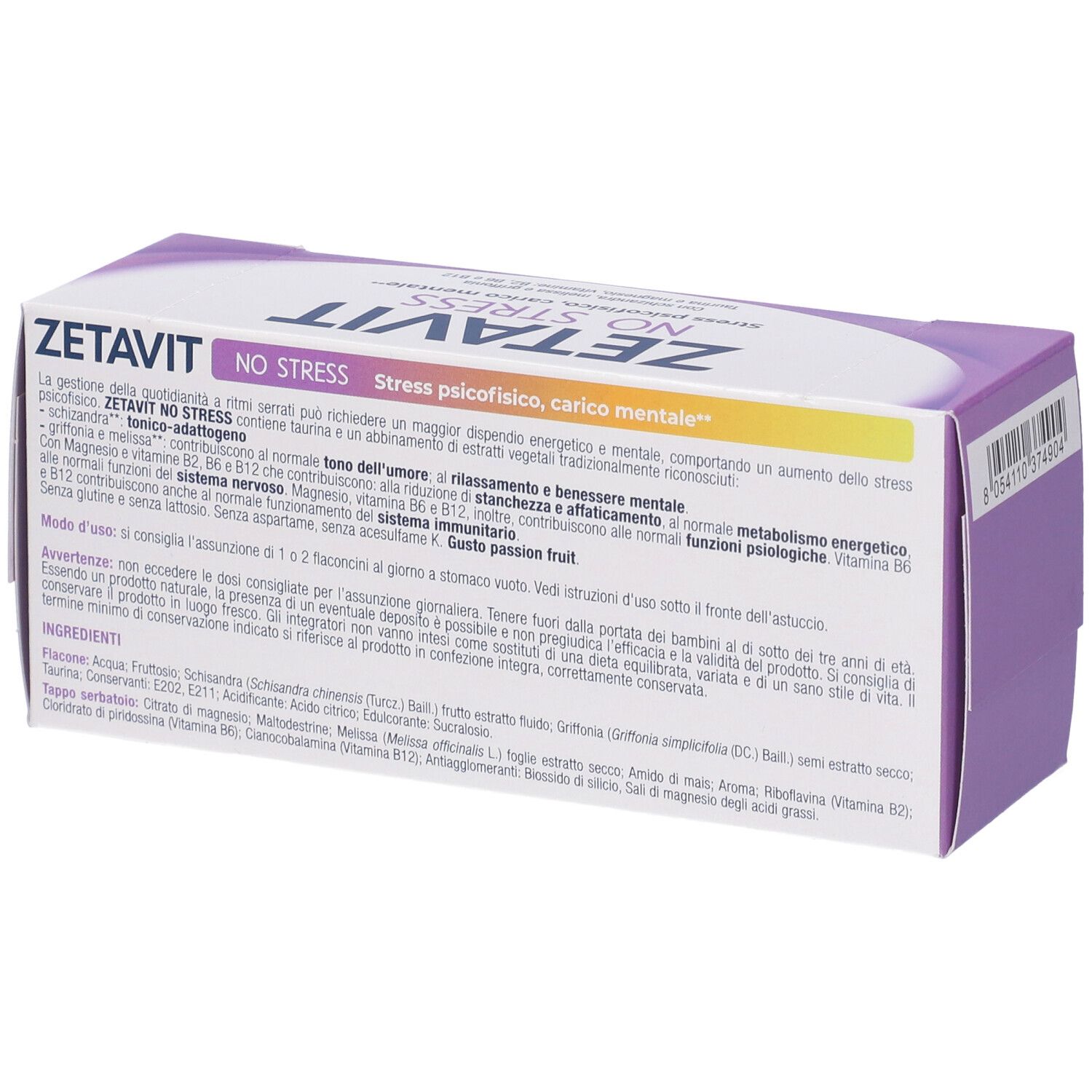 Retro della scatola Zetavit No Stress. Testo in italiano. Elenco ingredienti e avvertenze.