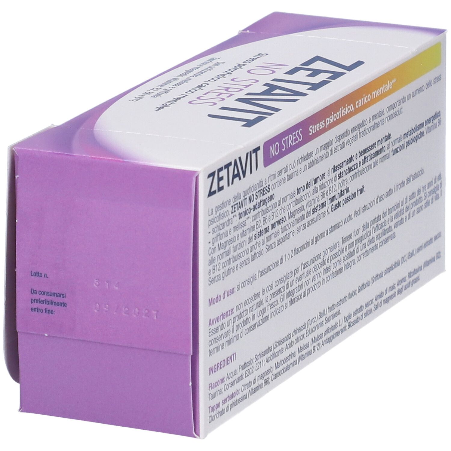 Scatola Zetavit No Stress. Viola e bianca. Testo in italiano. Data di scadenza.