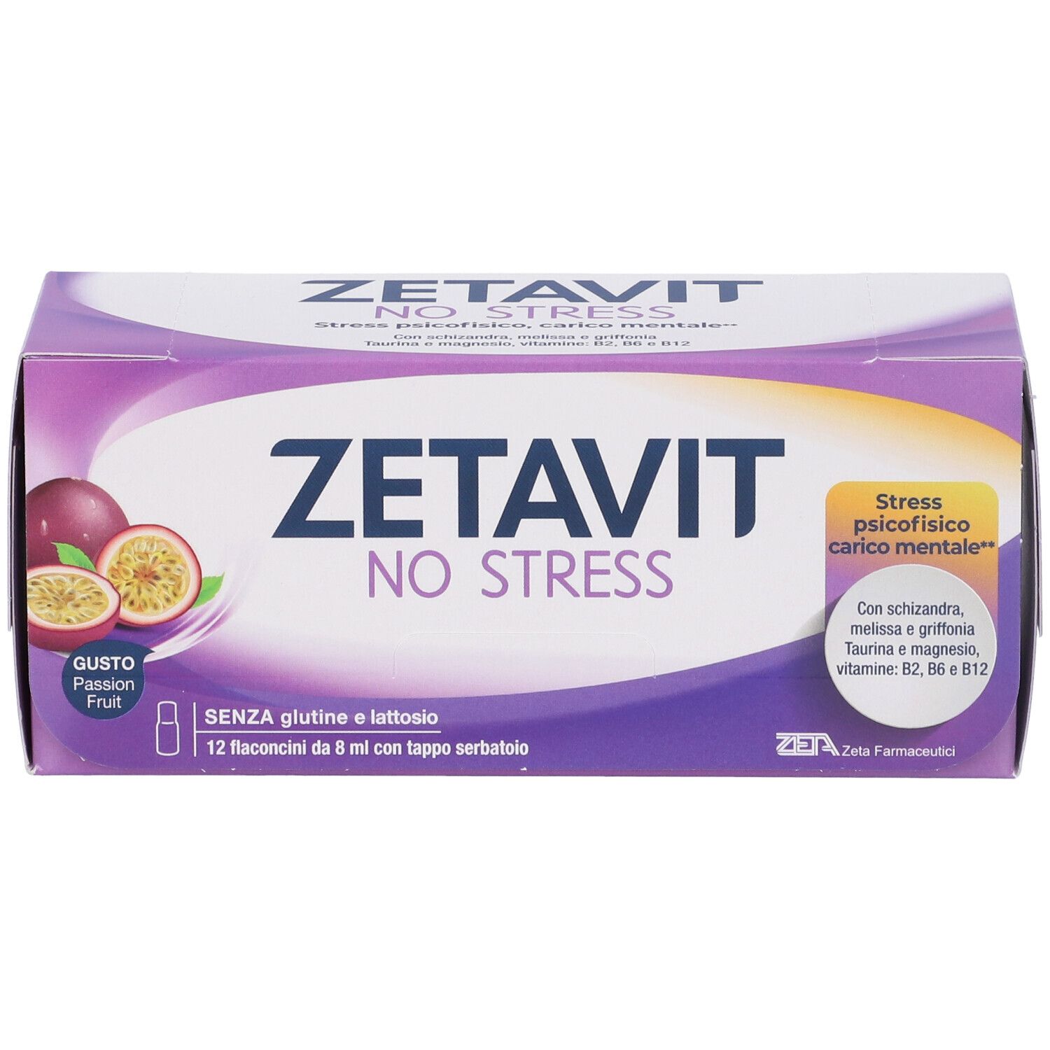 Scatola Zetavit No Stress. Viola e bianca, nome del prodotto e frutto della passione. 12 flaconcini.