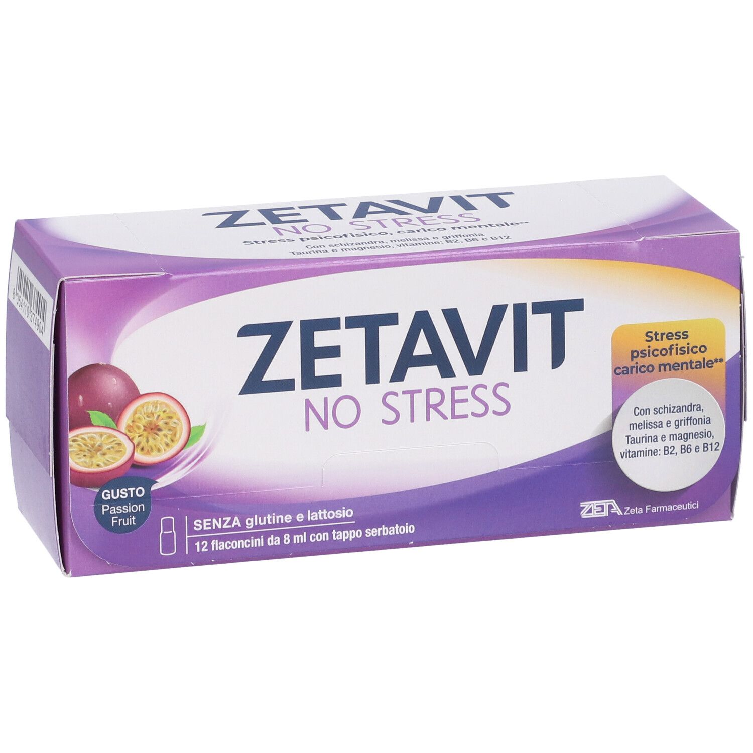 Scatola Zetavit No Stress. Viola e bianca, nome del prodotto e frutto della passione. 12 flaconcini.