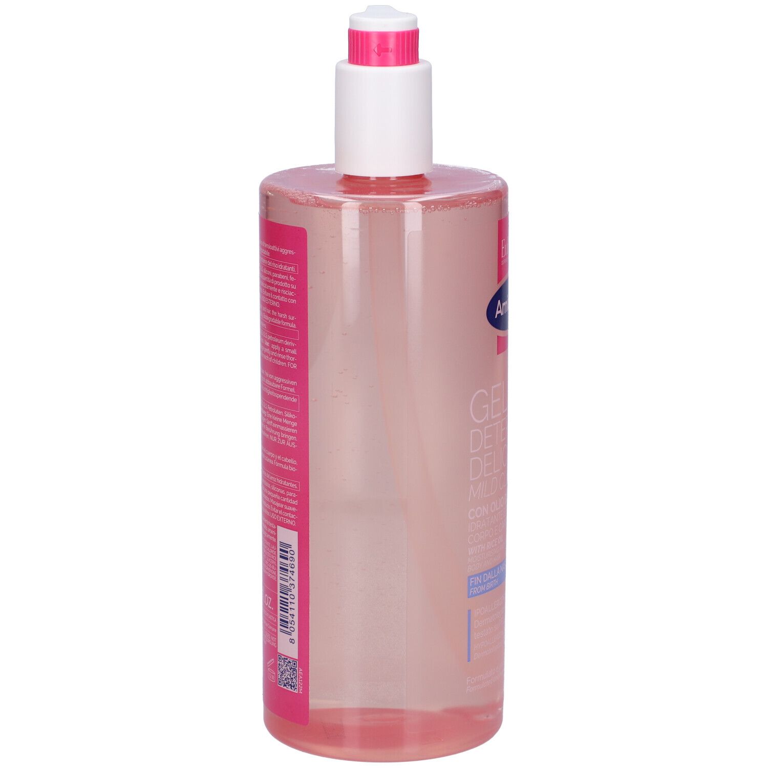 Vista posteriore di un flacone trasparente con liquido rosa. Testina bianca con erogatore. Codice a barre e testo sul retro.