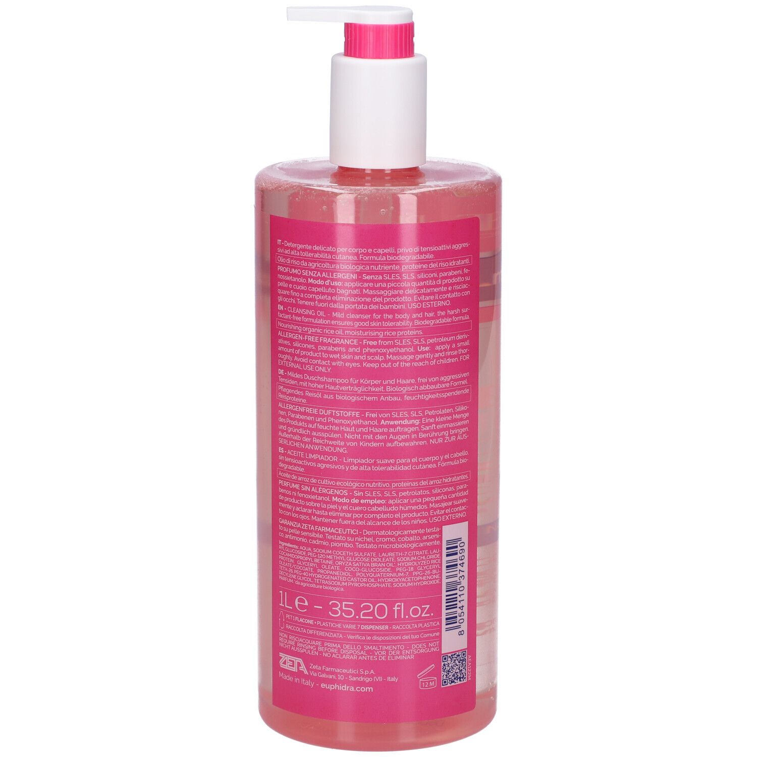 Retro di un flacone con liquido rosa. Testo multilingue. Indicazione del volume: 1L - 35.20 fl.oz.