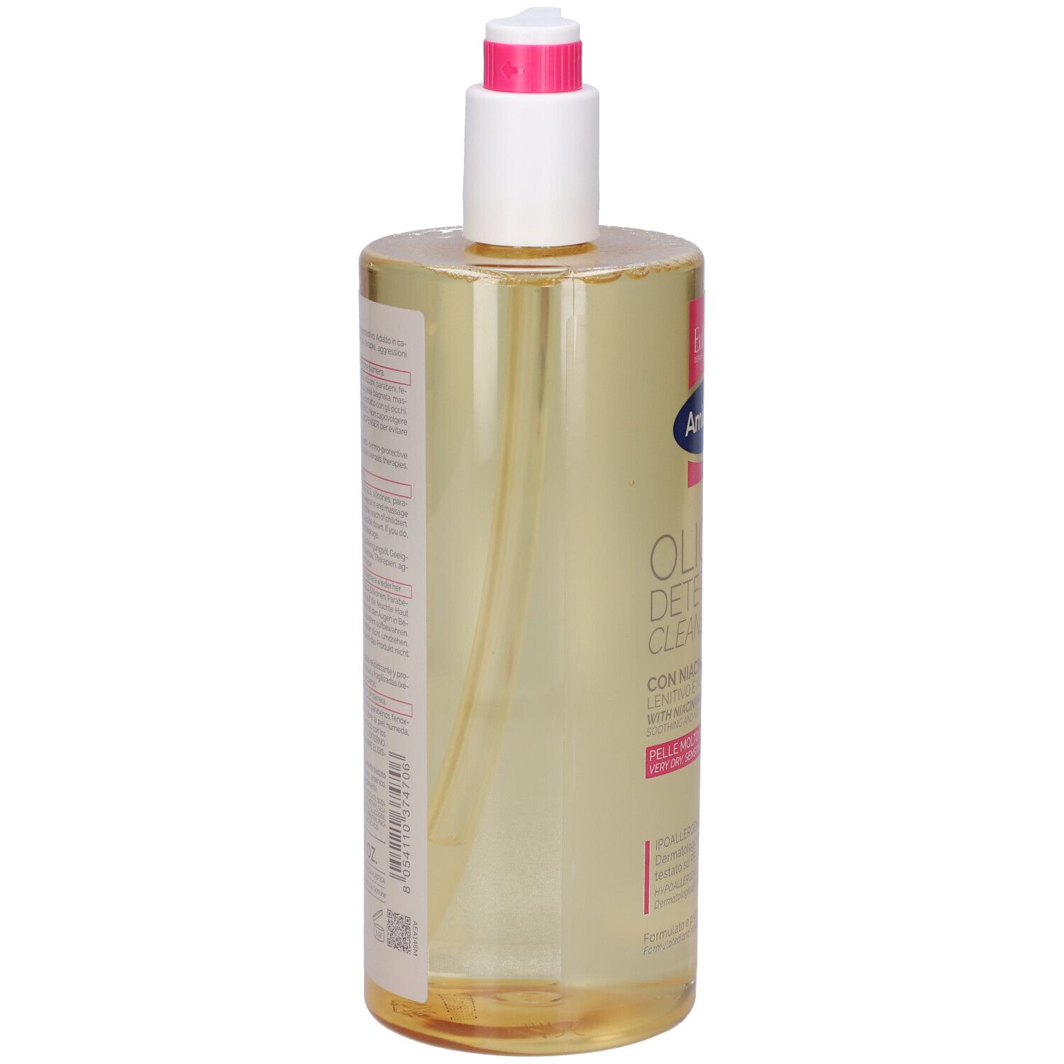 Flacone trasparente con dosatore a pompa, vista laterale. Etichetta con testo. Nome prodotto illeggibile.