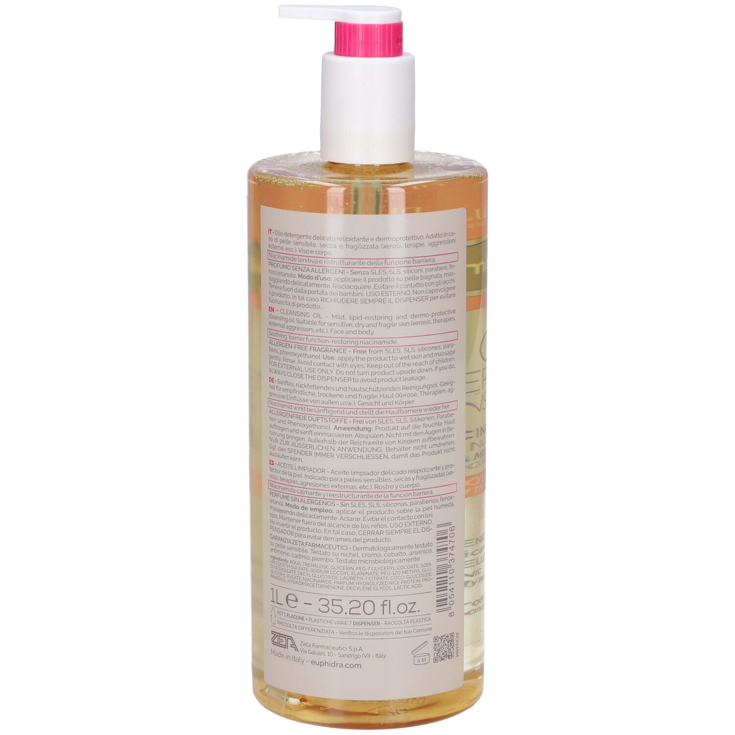 Retro del flacone con testo. Nome prodotto illeggibile. Volume: 1 litro.