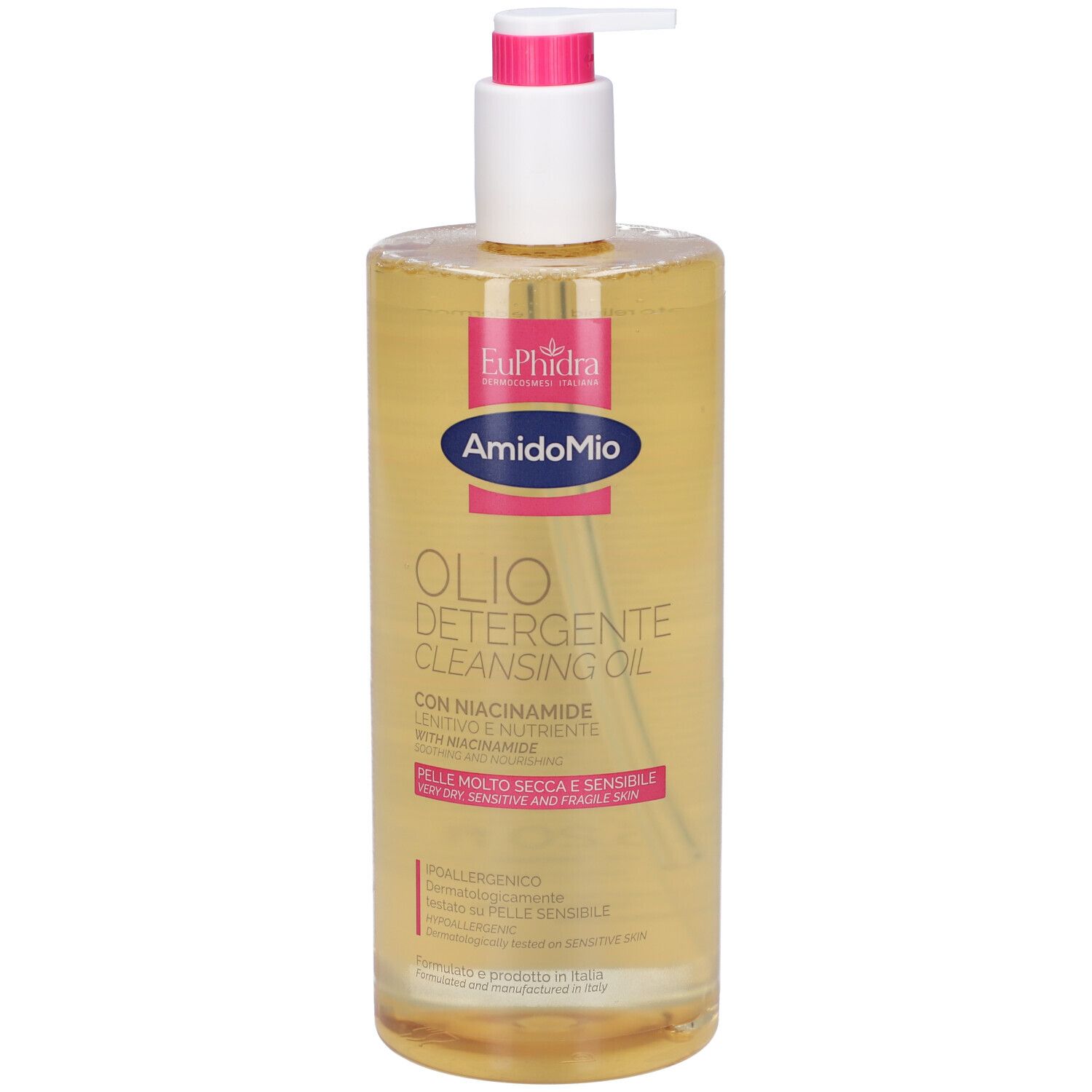 Flacone trasparente con dosatore a pompa contenente detergente liquido. Scritte: Amidomio, Olio Detergente.