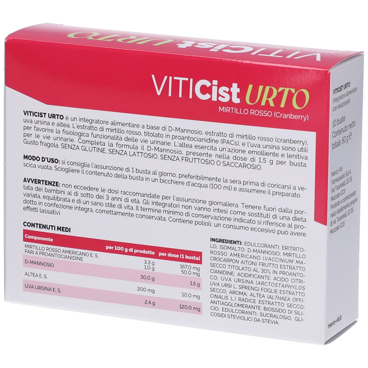 Scatola rossa e bianca con informazioni sul prodotto e ingredienti. Testo in italiano.