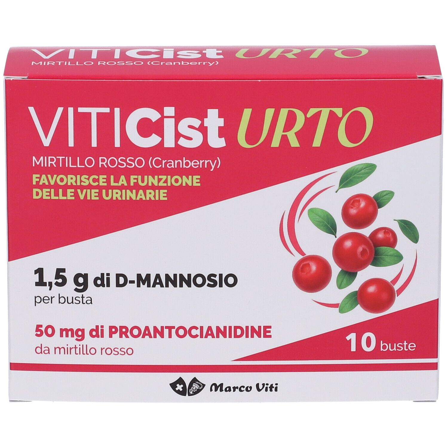 Scatola rossa e bianca con nome del prodotto e illustrazione di mirtilli rossi. Contiene 10 bustine.