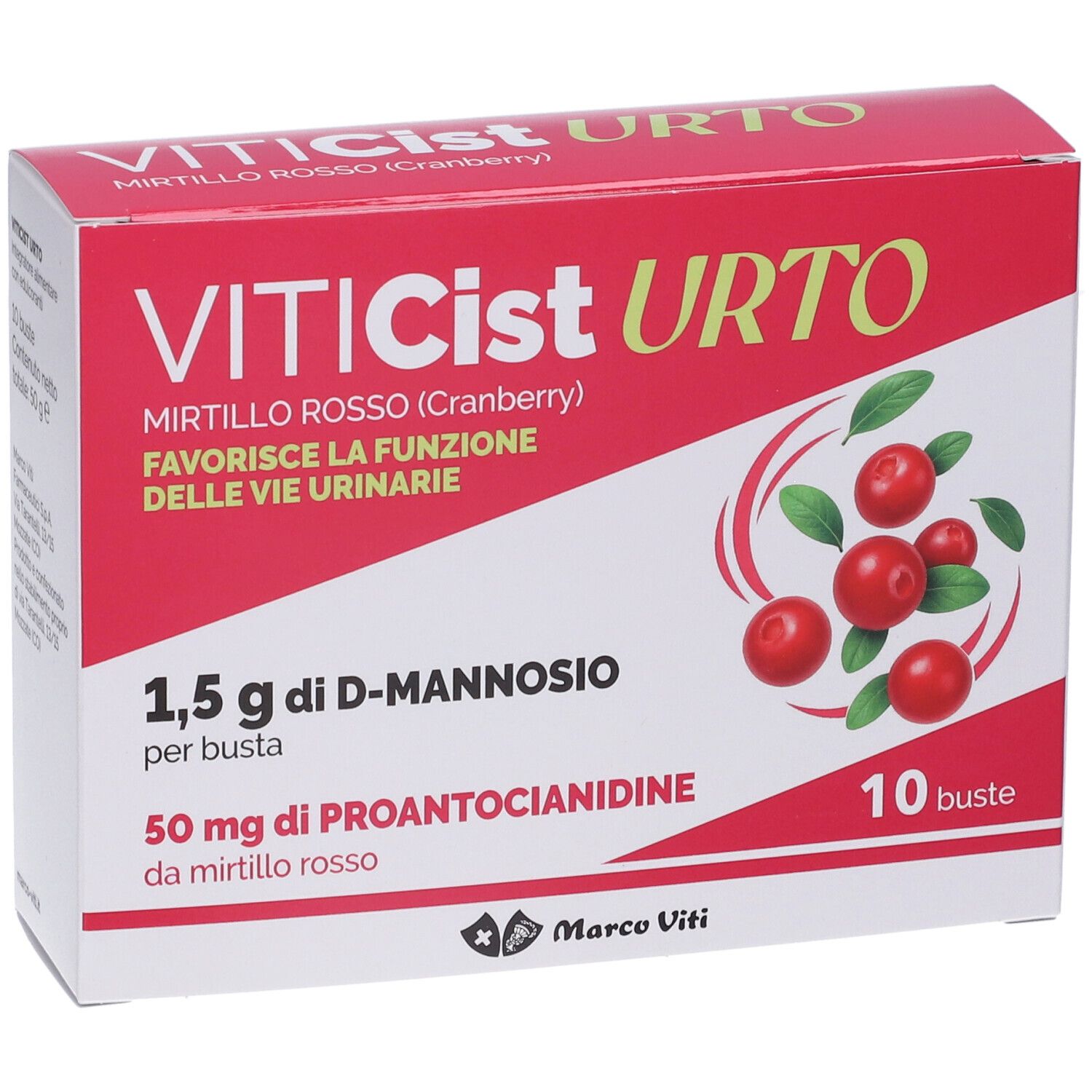 Scatola rossa e bianca con nome del prodotto e illustrazione di mirtilli rossi. Contiene 10 bustine.