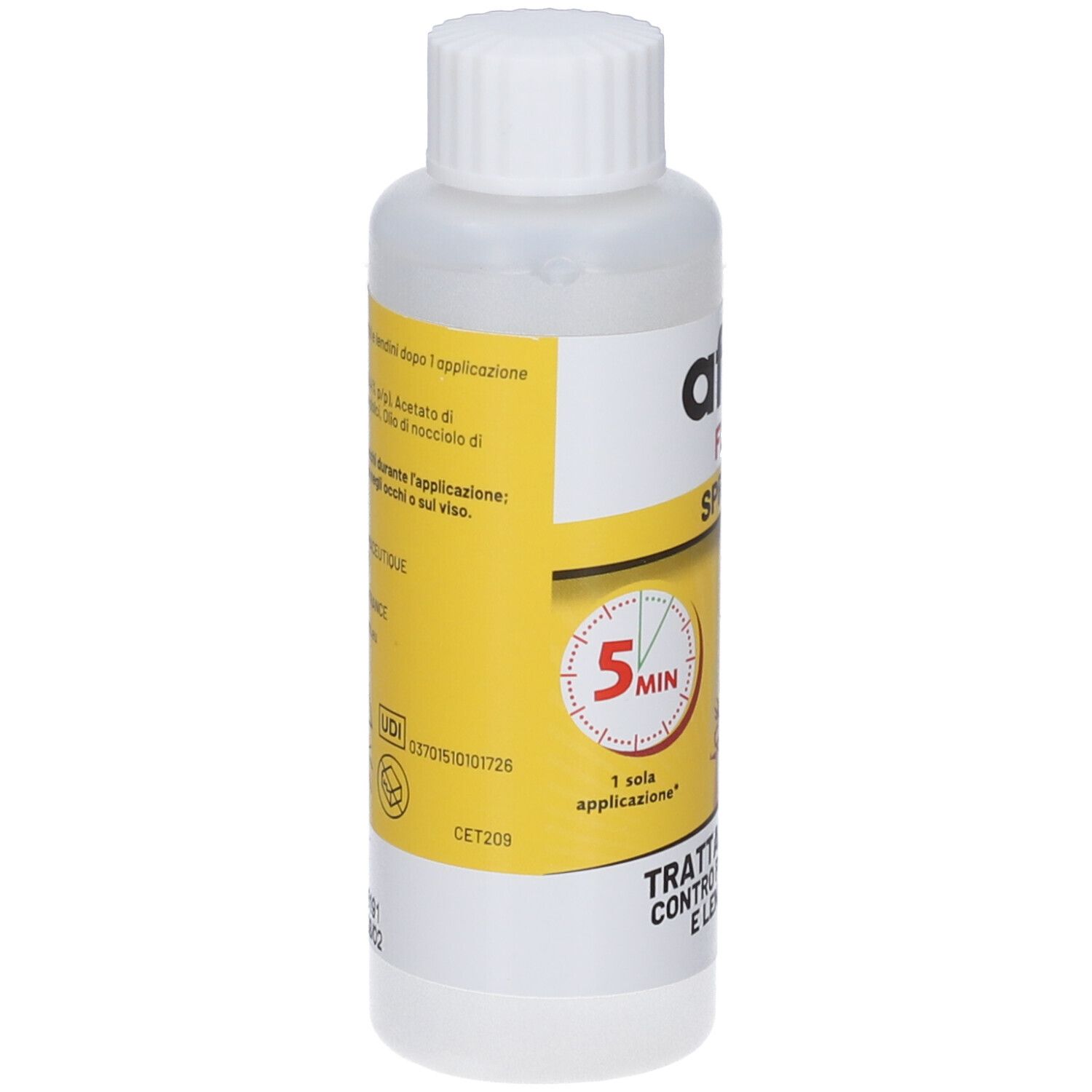 Retro del flacone AFTIR FLASH SPRAY con etichetta che mostra ingredienti e istruzioni.