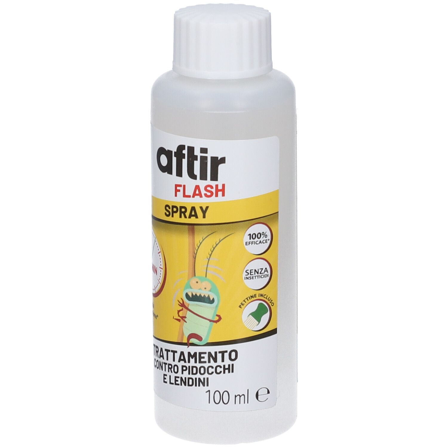 Flacone AFTIR FLASH SPRAY con etichetta raffigurante un insetto cartone animato e indicazione 5 minuti.