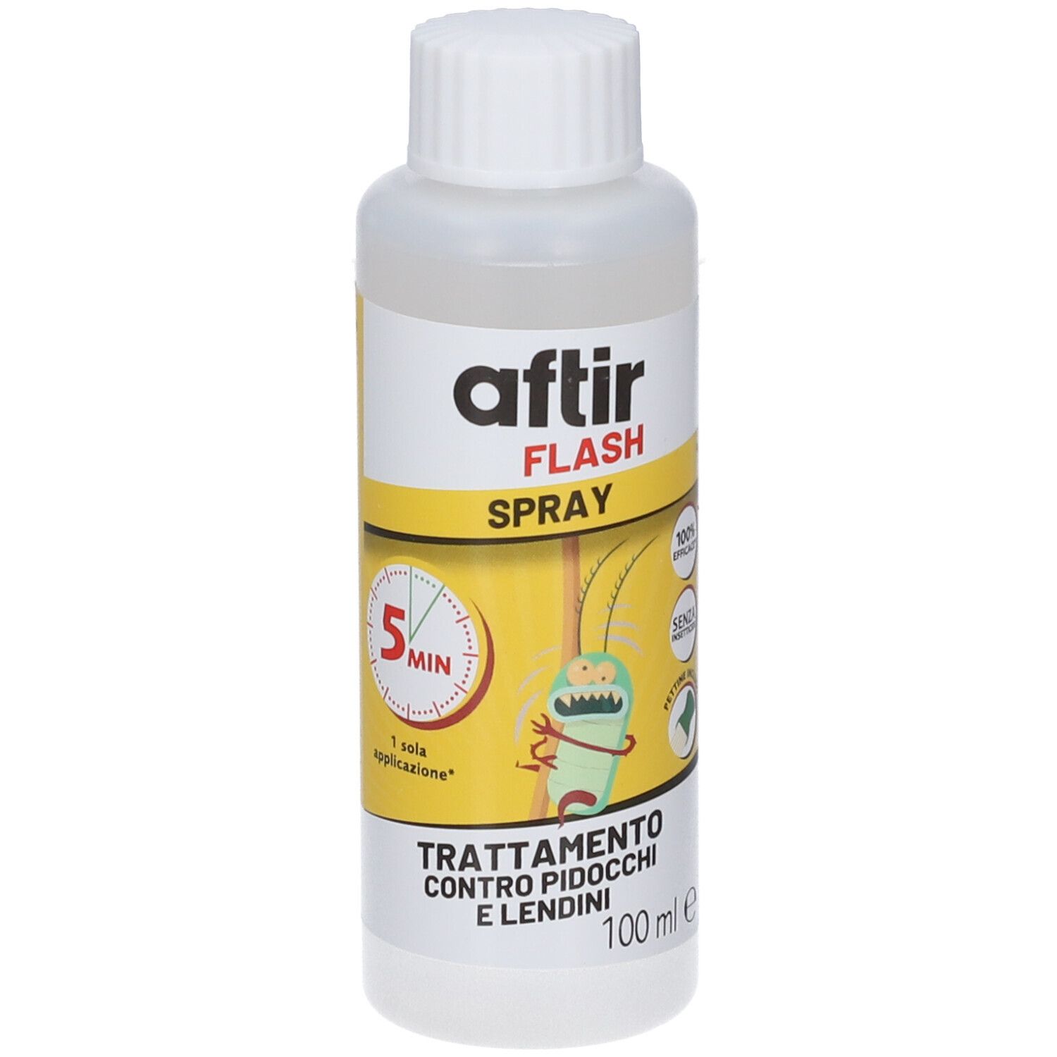 Flacone AFTIR FLASH SPRAY con etichetta raffigurante un insetto cartone animato e indicazione 5 minuti.