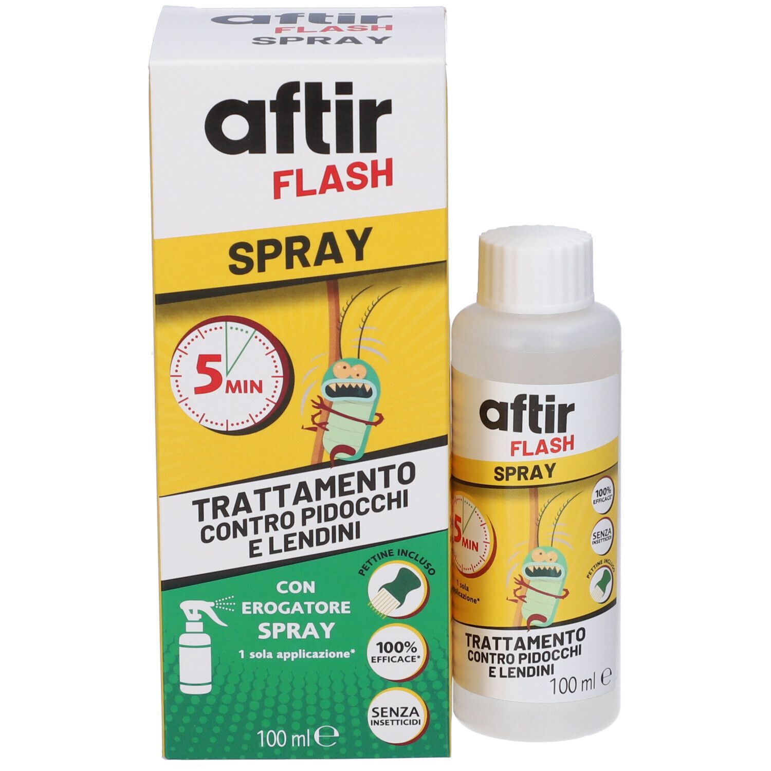 Flacone e confezione AFTIR FLASH SPRAY, entrambi mostrano il prodotto e le sue caratteristiche.