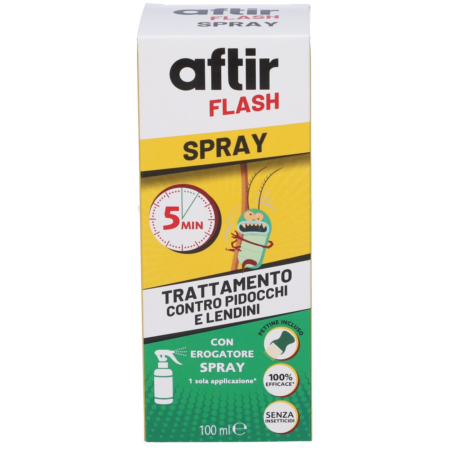 Confezione AFTIR FLASH SPRAY con etichetta che mostra un insetto cartone animato, 5 minuti e 'senza insetticidi'.