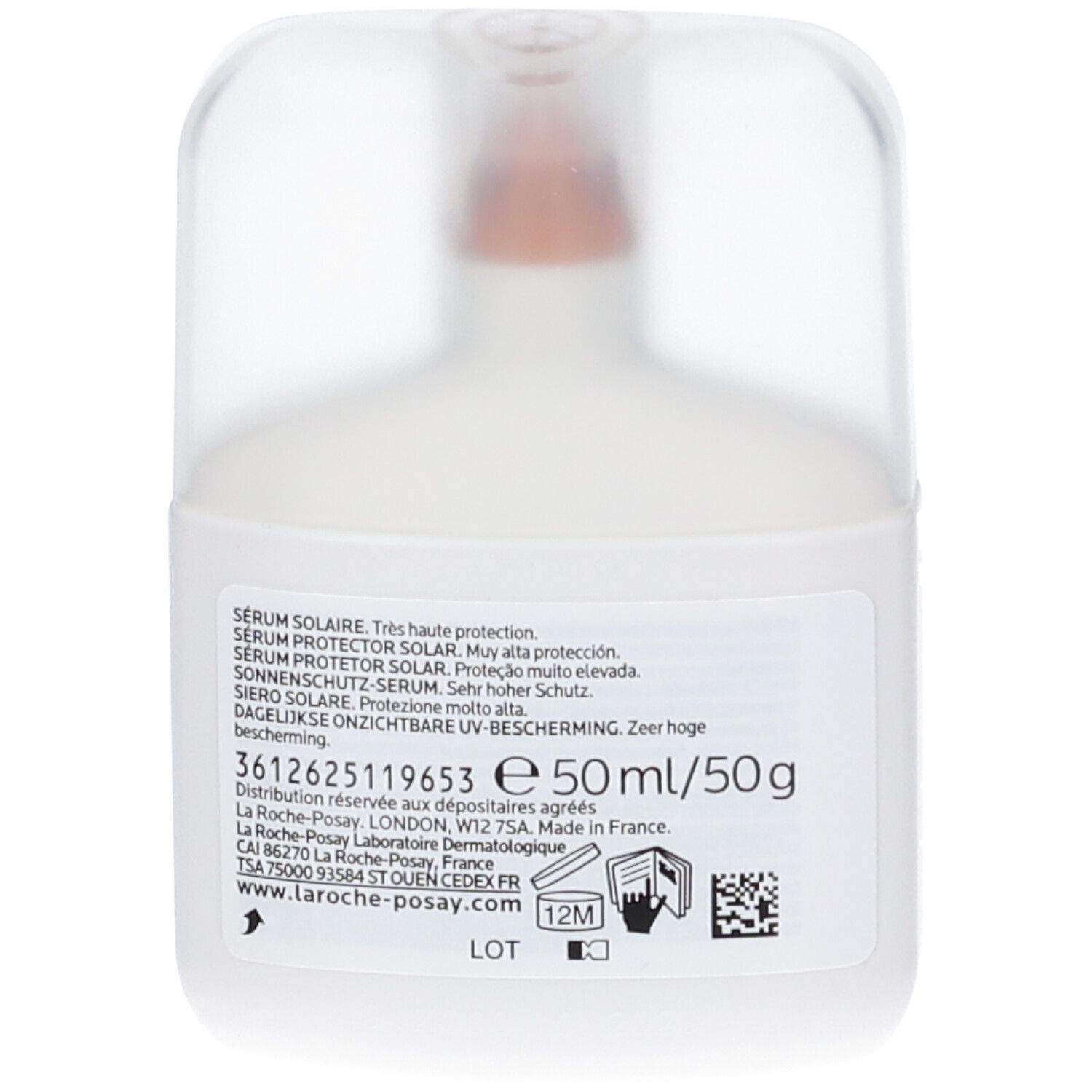 Retro del flacone bianco. Scritta: Serum Solaire, 50ml/50g, La Roche-Posay, e loghi e informazioni.