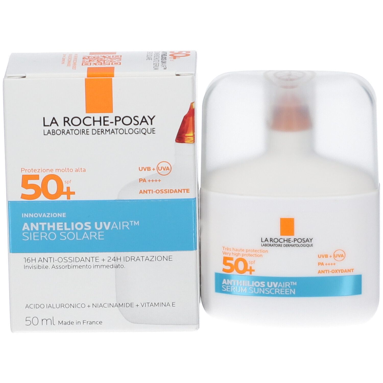 Confezione e flacone del prodotto. Scritta: La Roche-Posay, Anthelios Uvair Siero Solare 50+. Scatola con prodotto.