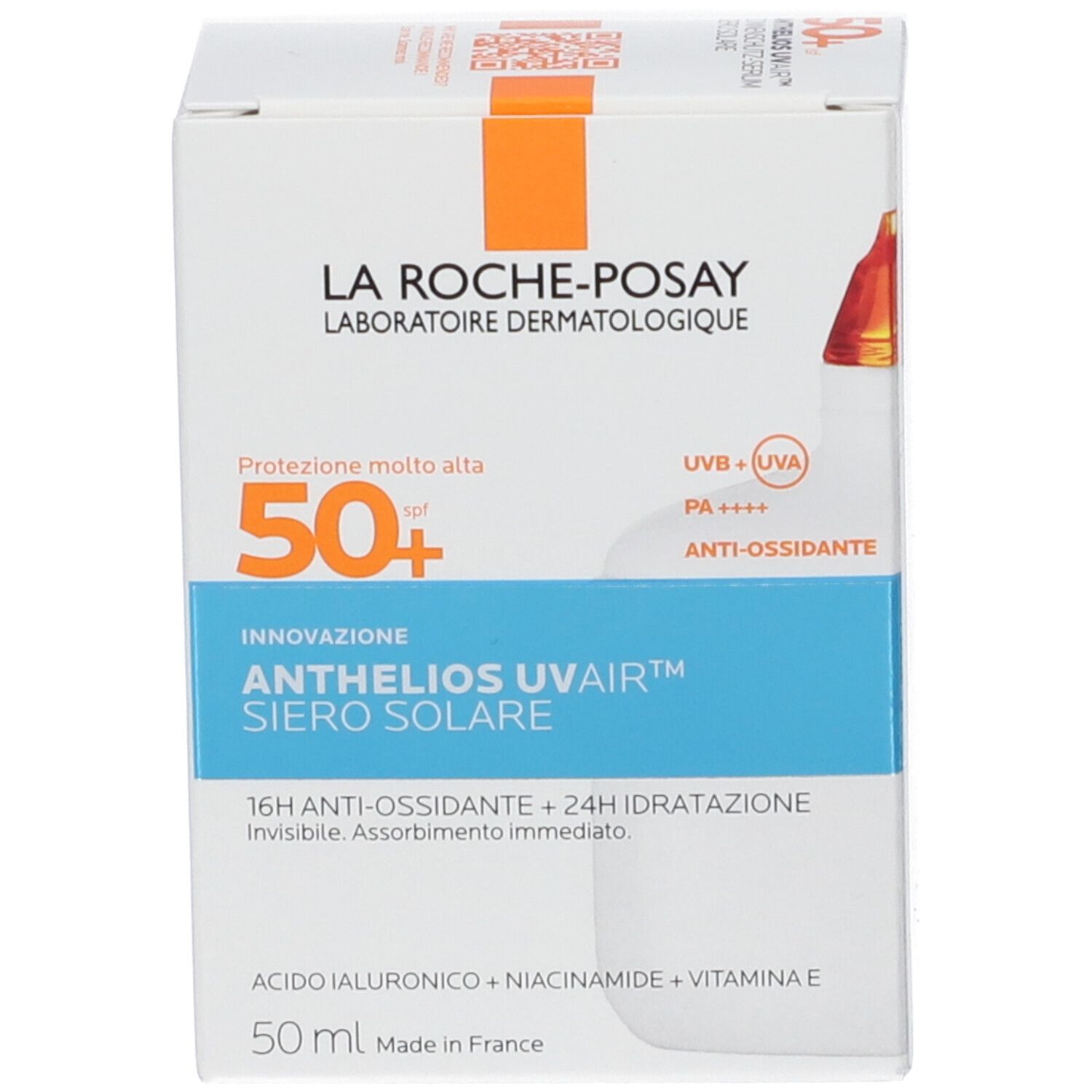 Confezione del prodotto. Scritta: La Roche-Posay, Anthelios Uvair Siero Solare 50+. Informazioni e loghi.