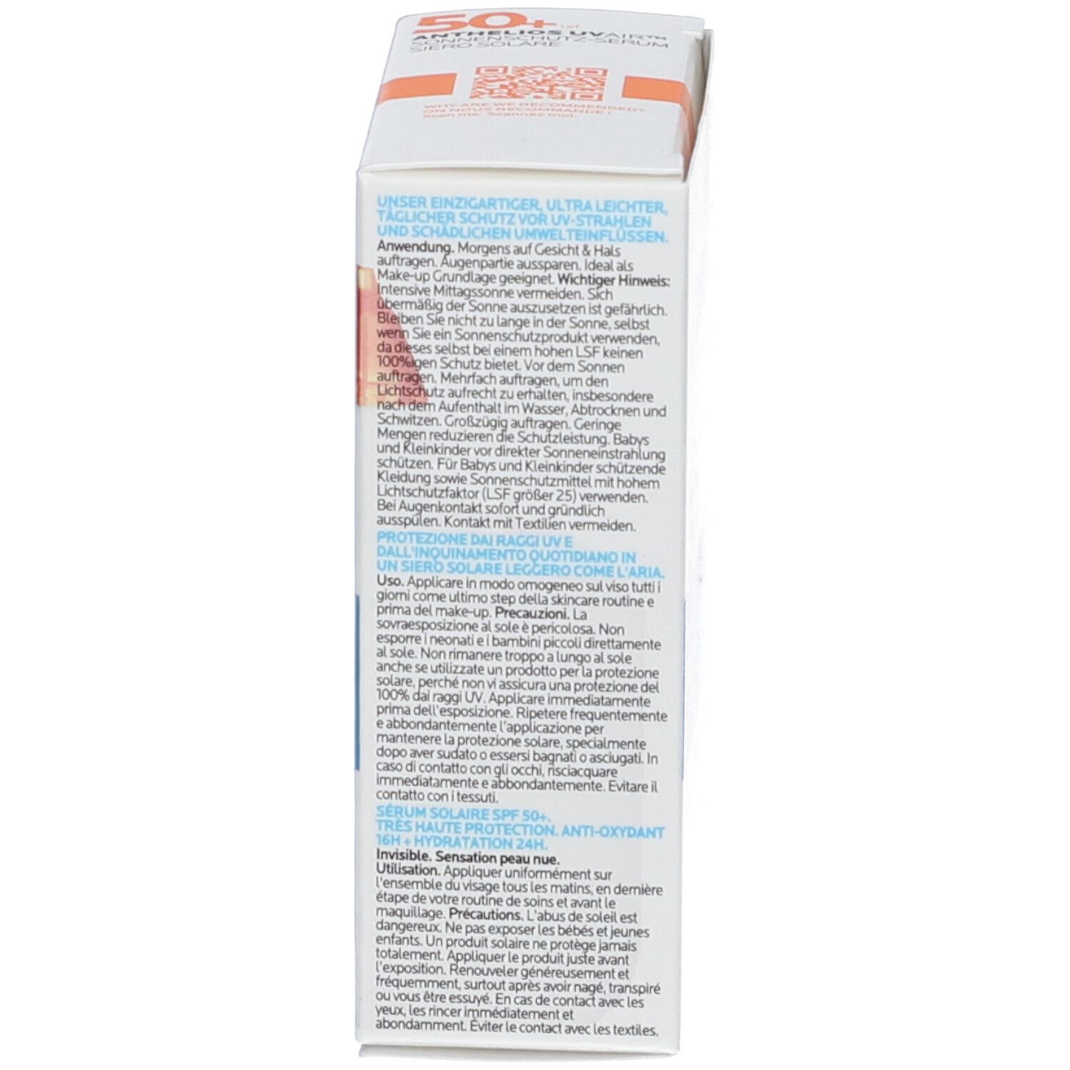 Lato della confezione del prodotto. Scritta: La Roche-Posay, informazioni, ingredienti, loghi e avvertenze.