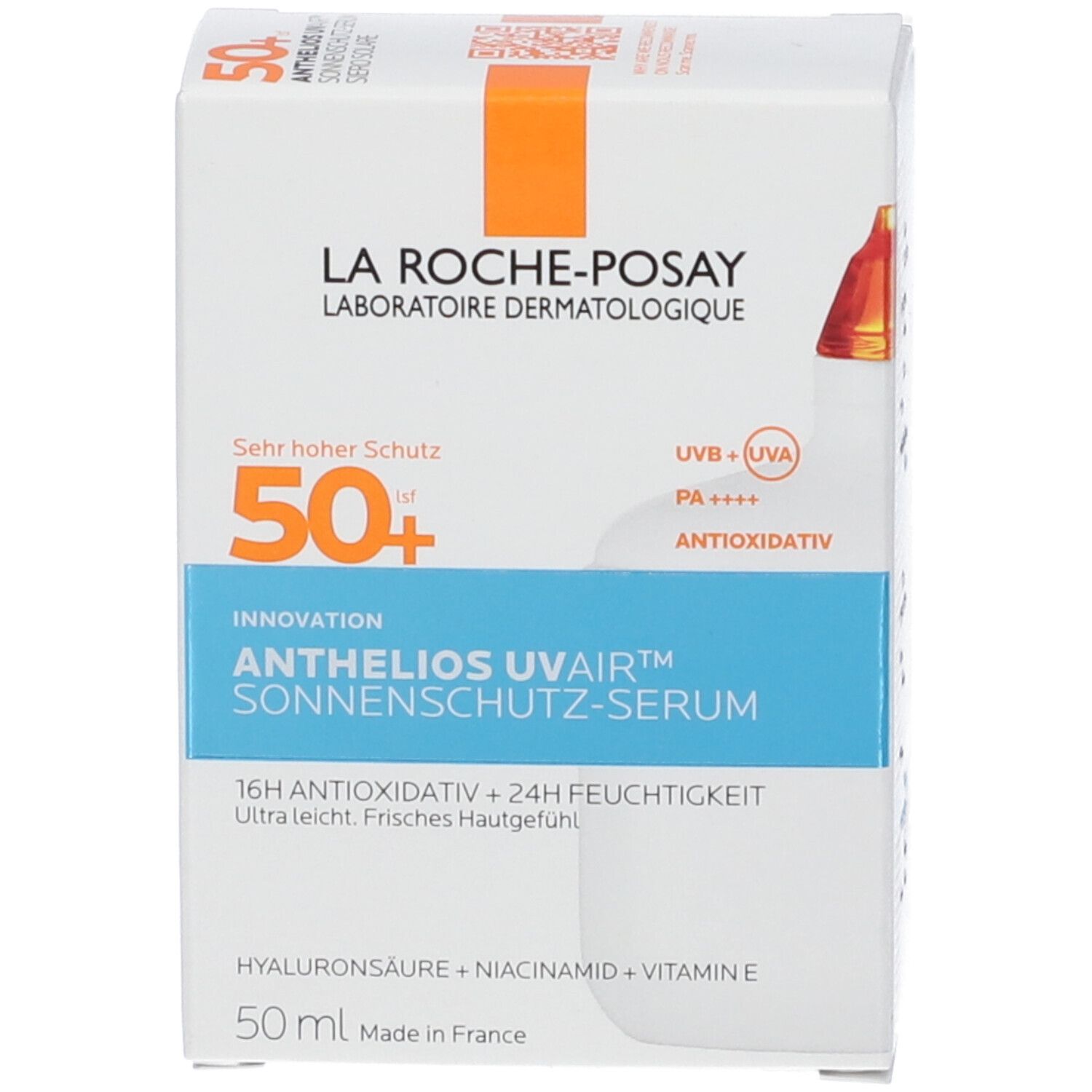 Confezione del prodotto. Scritta: La Roche-Posay, Anthelios Uvair Sonnenschutz-Serum 50+. Informazioni e loghi.