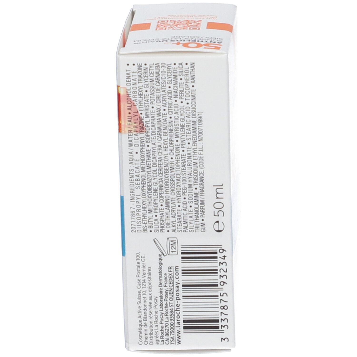 Lato della confezione del prodotto. Scritta: La Roche-Posay, ingredienti, loghi, informazioni e codice a barre.