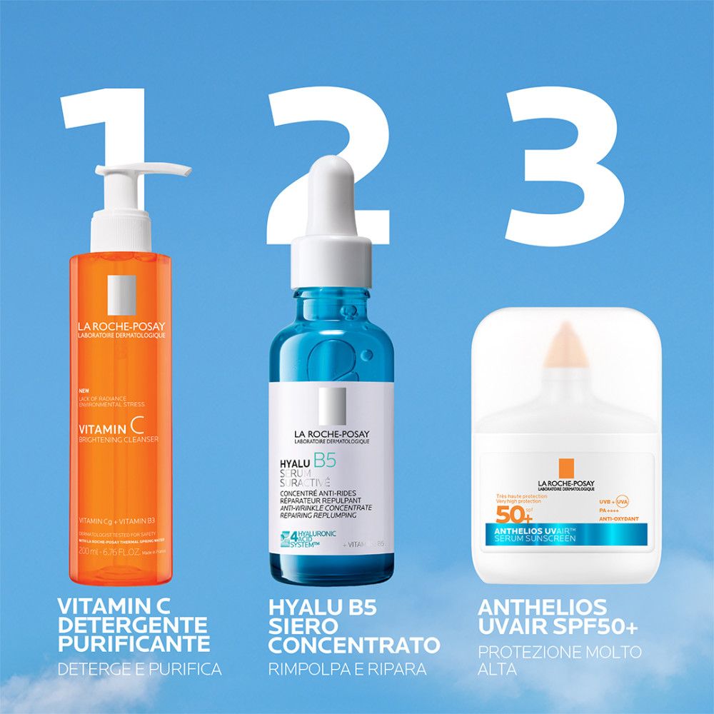 La Roche-Posay Anthelios Uvair SPF 50+ Siero Solare. Flacone bianco con tappo trasparente.