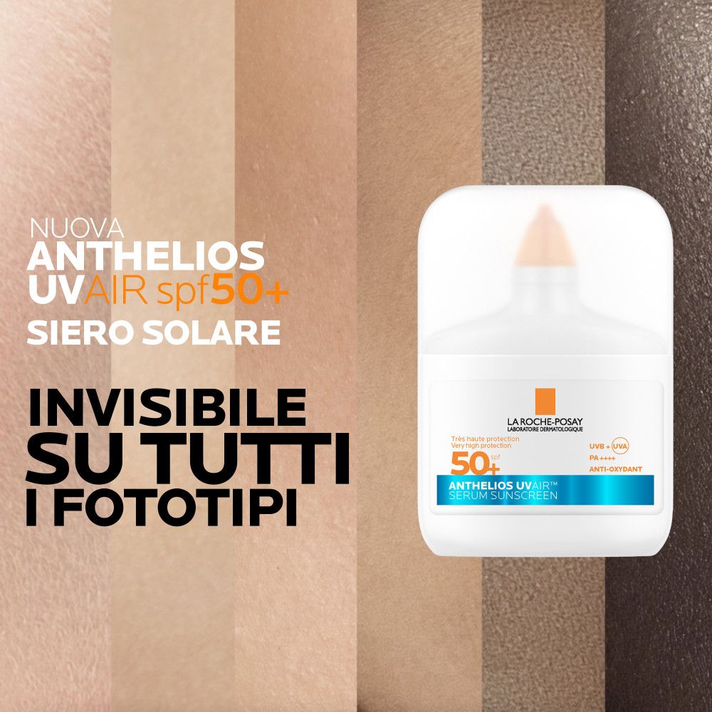 La Roche-Posay Anthelios Uvair SPF 50+ Siero Solare. Flacone bianco con tappo trasparente.