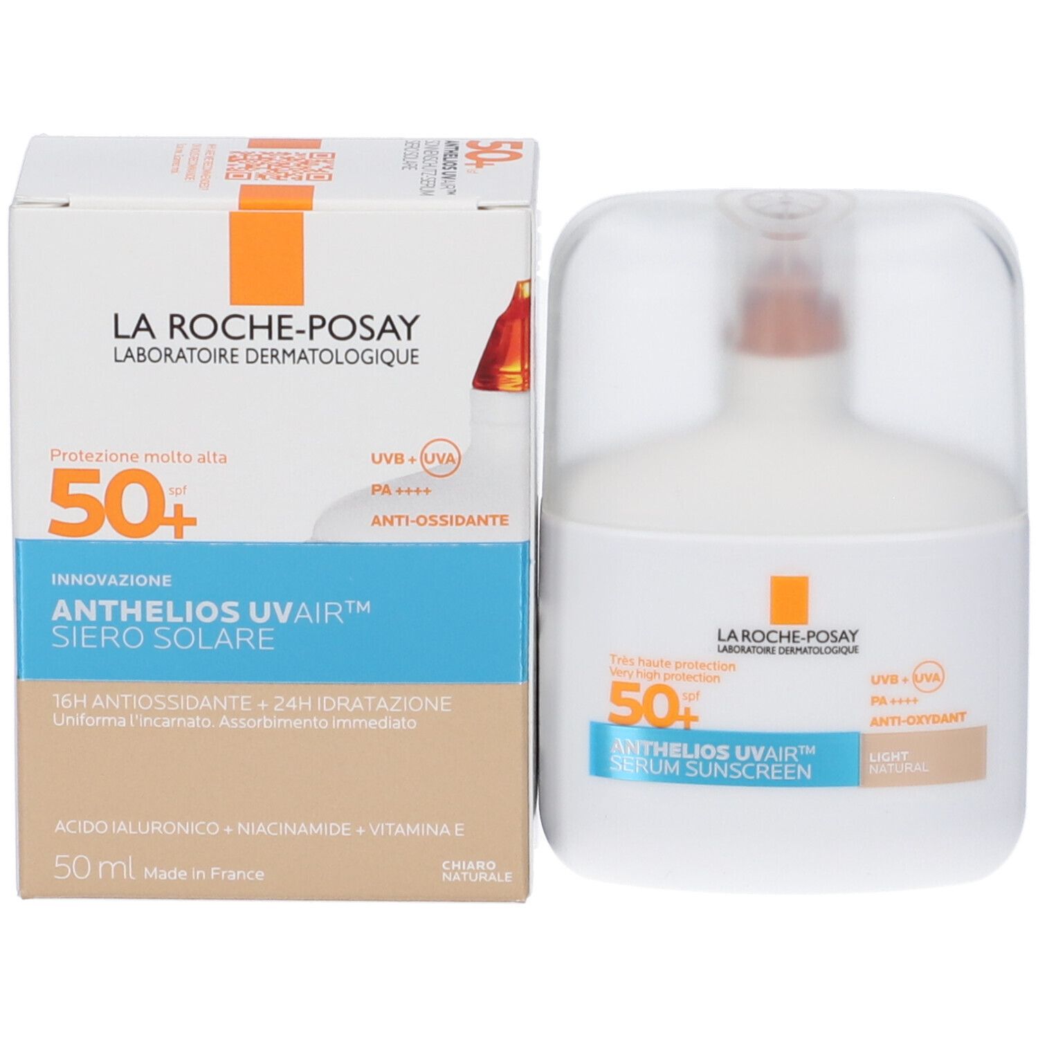 Confezione e flacone. Confezione: bianca, arancione, blu. Flacone: bianco, trasparente. Testo: La Roche-Posay, Anthelios Uvair, 50+.