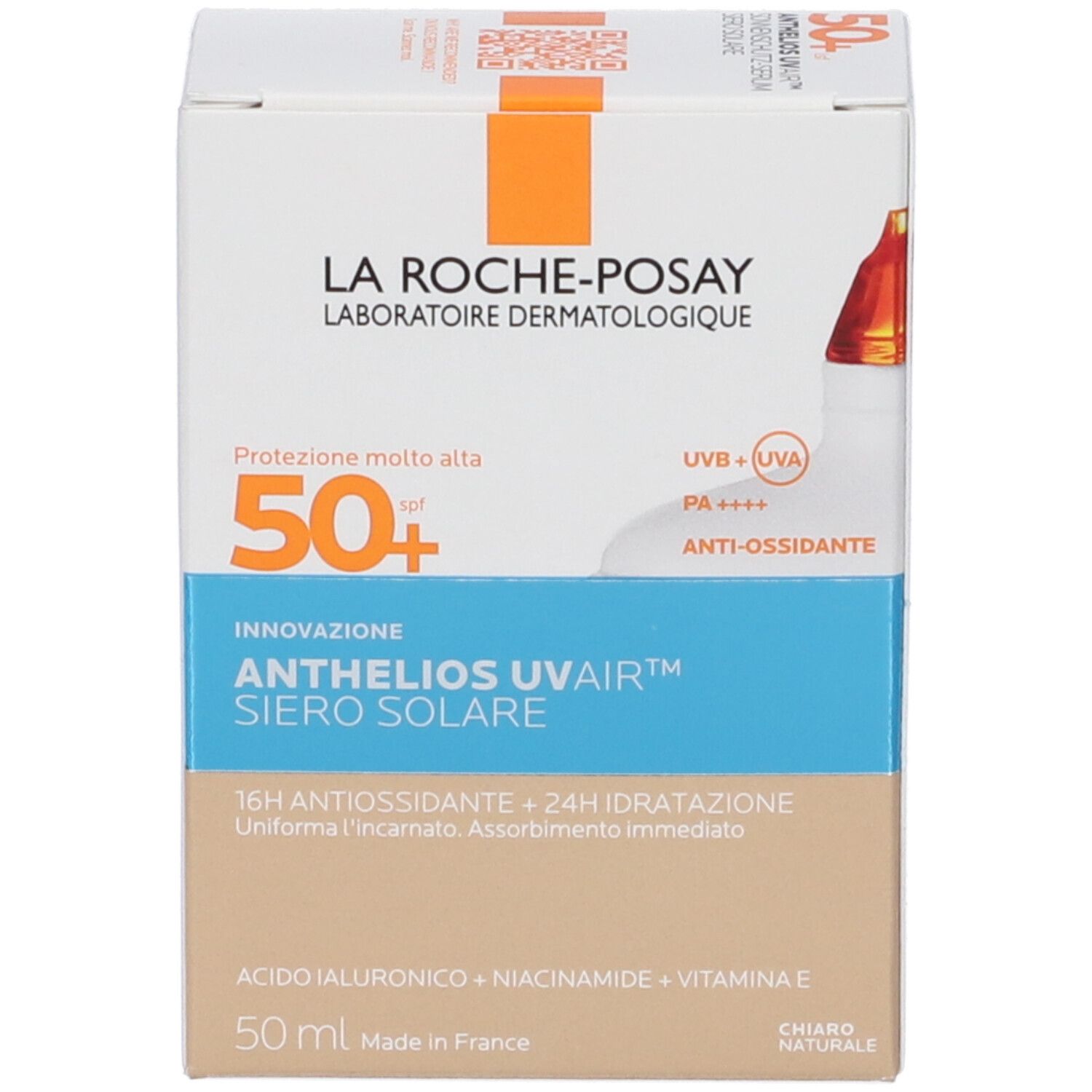 Confezione del prodotto. Bianca, arancione, blu. Testo: La Roche-Posay, Anthelios Uvair, 50+, 50 ml.