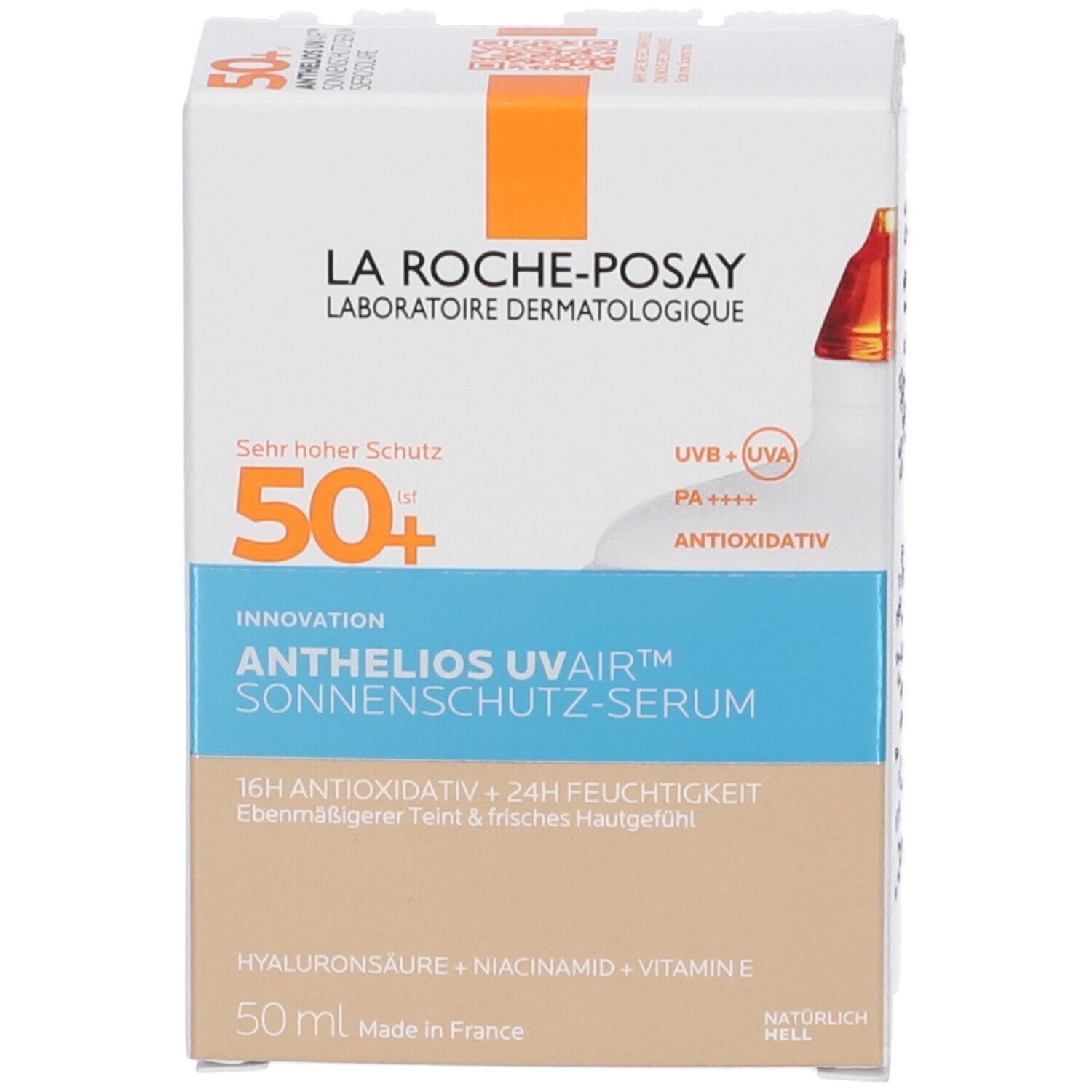 Confezione del prodotto. Bianca, arancione, blu. Testo: La Roche-Posay, Anthelios Uvair Sonnenschutz-Serum, 50+, 50 ml.