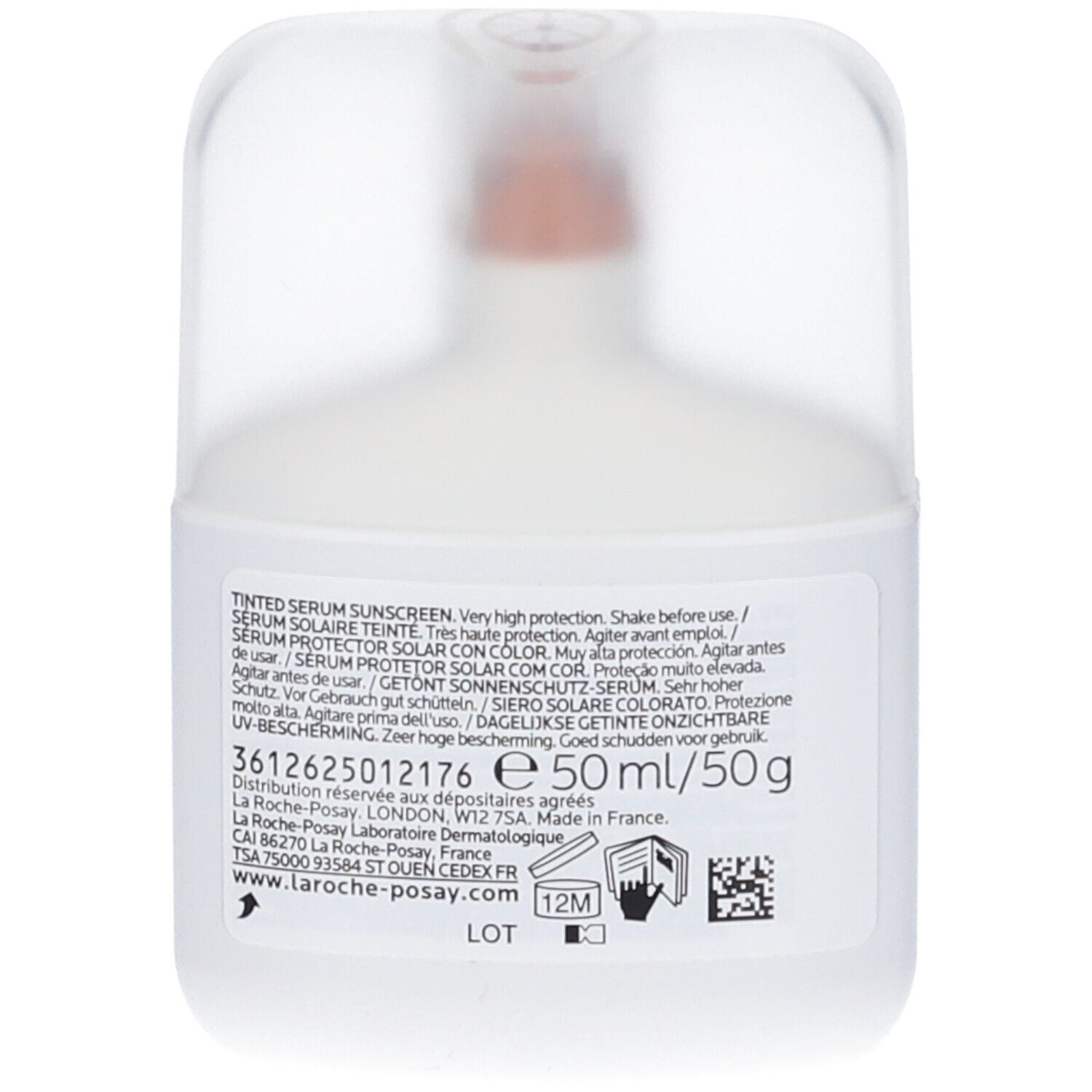 Retro del flacone bianco. Scritta: Tinted Serum Sunscreen, 50ml/50g, La Roche-Posay, ingredienti, numero di lotto, durata.