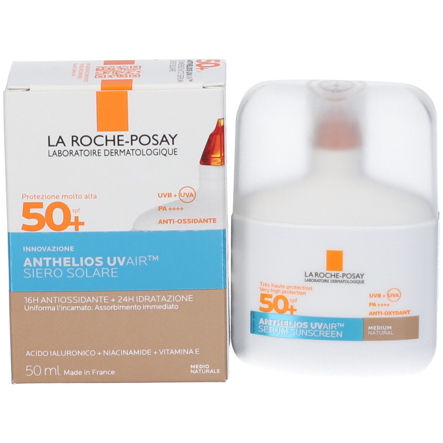 Confezione e flacone. Scritta: La Roche-Posay, Anthelios Uvair, 50+, Siero Solare, 50 ml. Flacone con vaporizzatore.