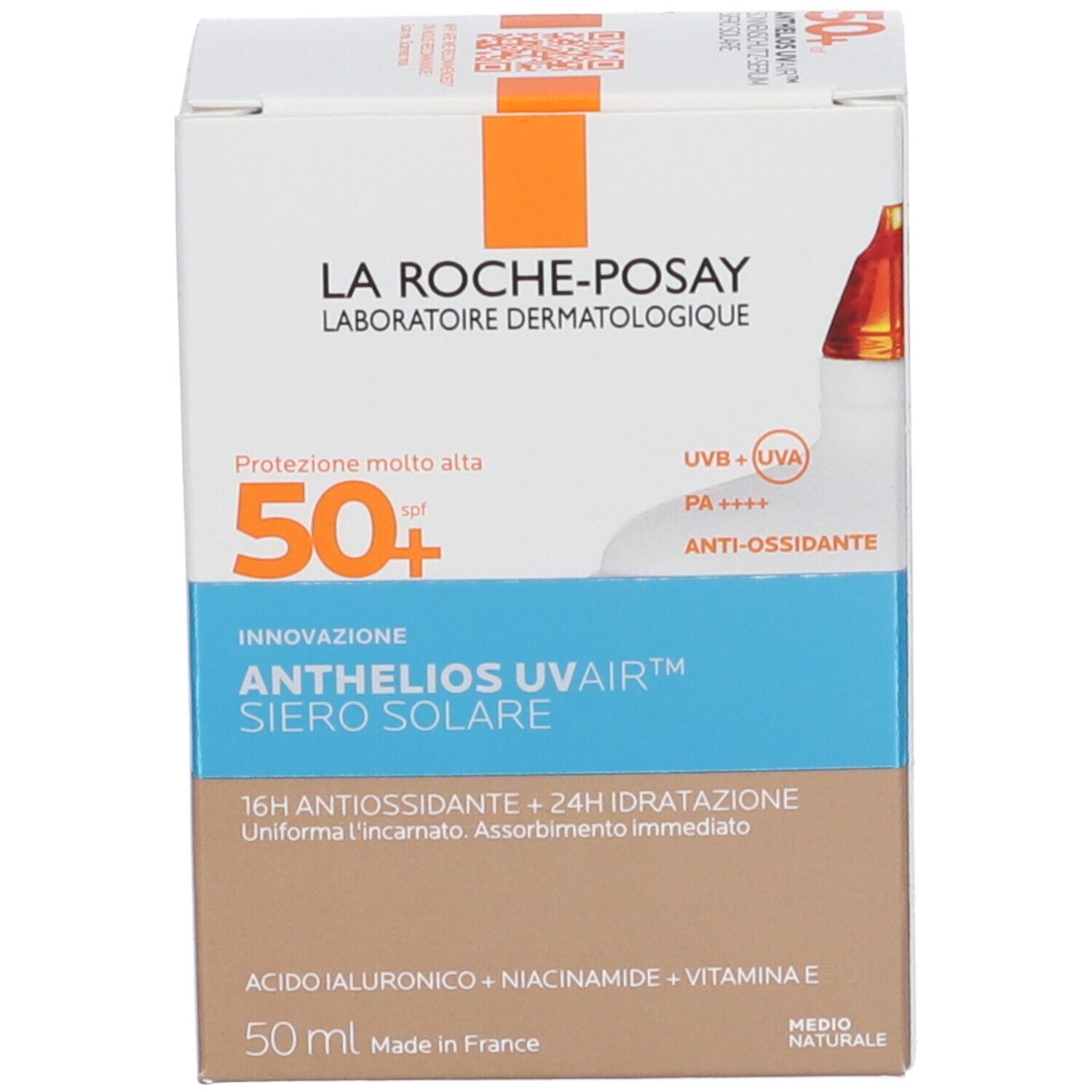 Confezione del prodotto. Scritta: La Roche-Posay, Anthelios Uvair, Siero Solare, 50+, 50 ml, ingredienti. Aree di colore marrone e blu.