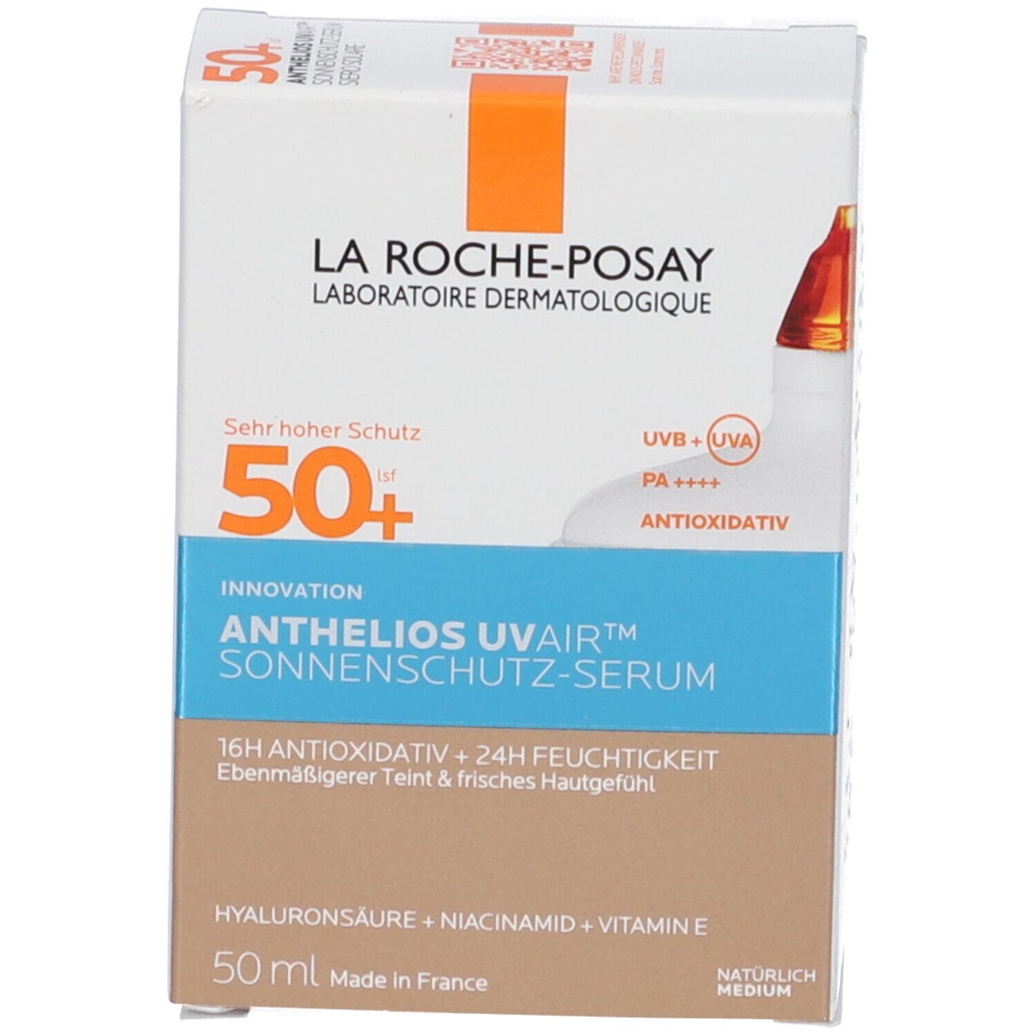 Confezione del prodotto. Scritta: La Roche-Posay, Anthelios Uvair, Sonnenschutz-Serum, 50+, 50 ml. Aree di colore blu e marrone.
