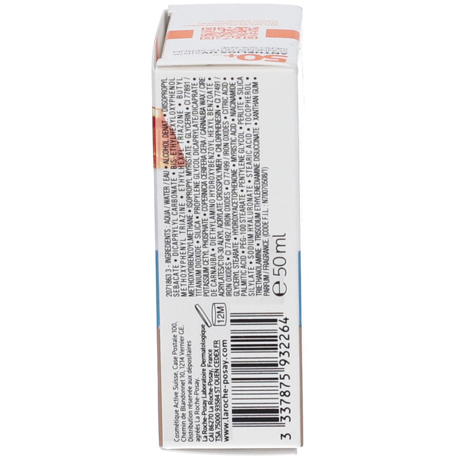 Confezione del prodotto, lato con ingredienti, numero di lotto, informazioni del produttore. 50 ml.