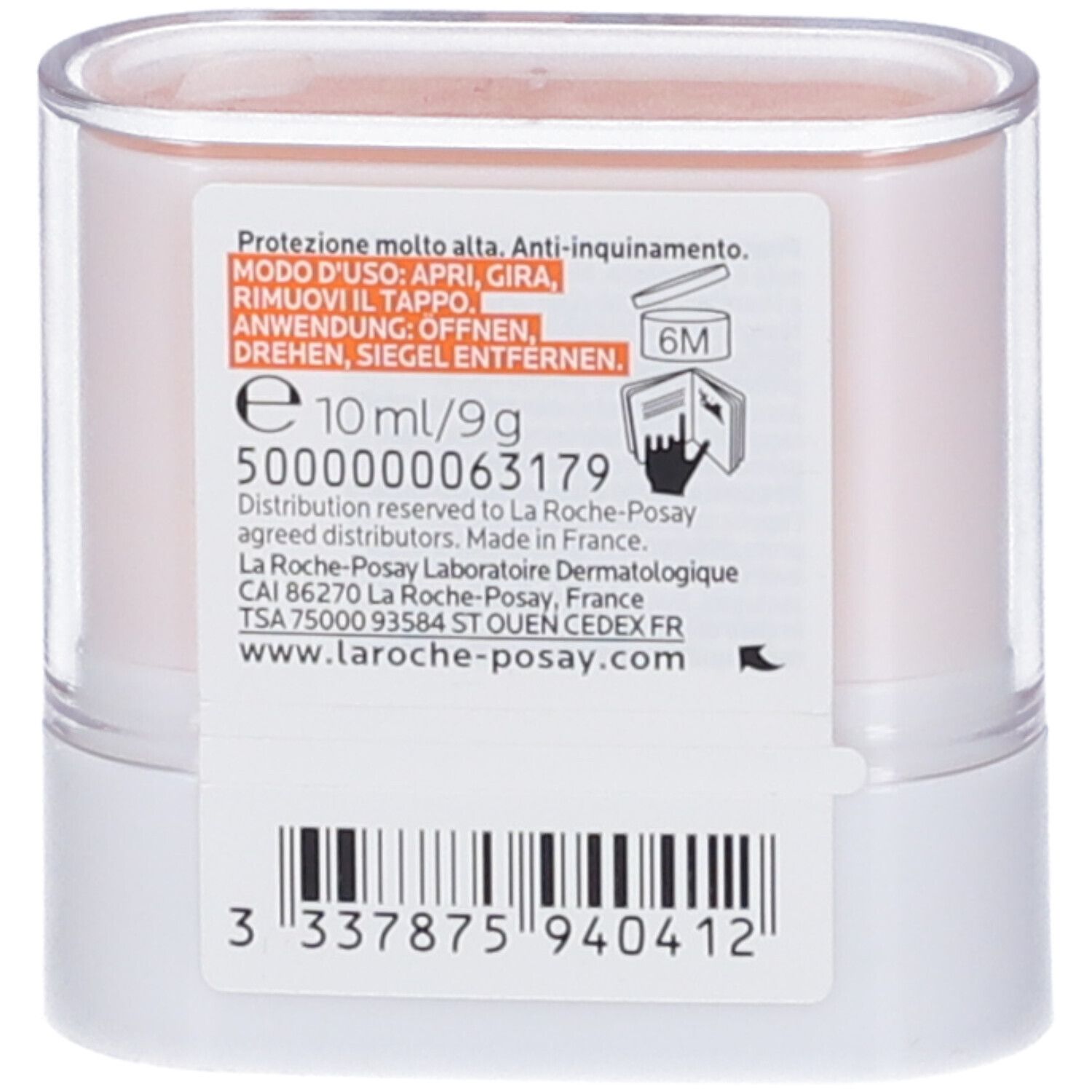 Retro dello stick La Roche-Posay Anthelios. Testo multilingue. Codice a barre e 10 ml/9 g.