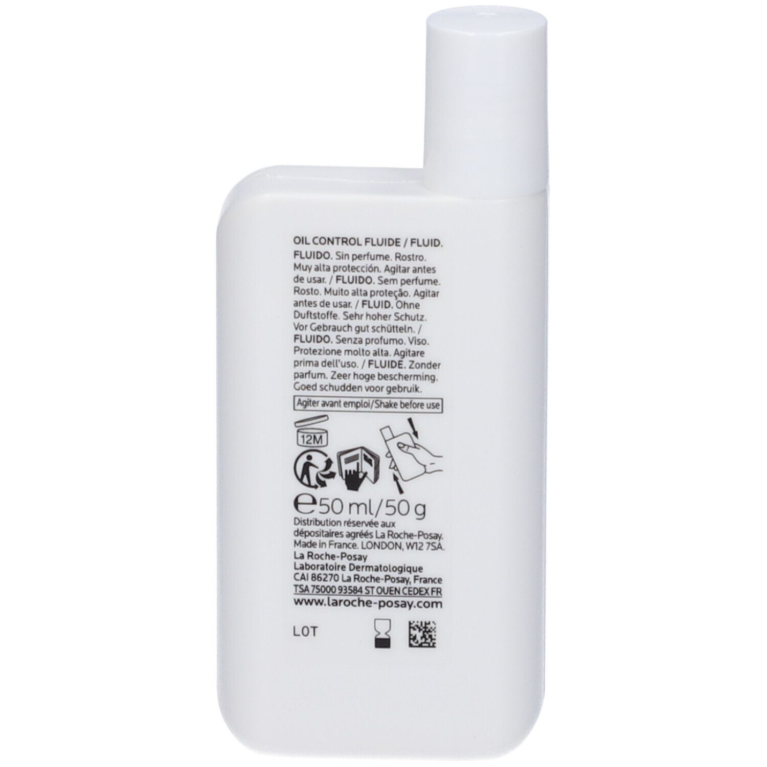 Retro del flacone bianco. Testo: Oil Control Fluid, ingredienti, istruzioni per l'uso, 50ml/50g, La Roche-Posay.